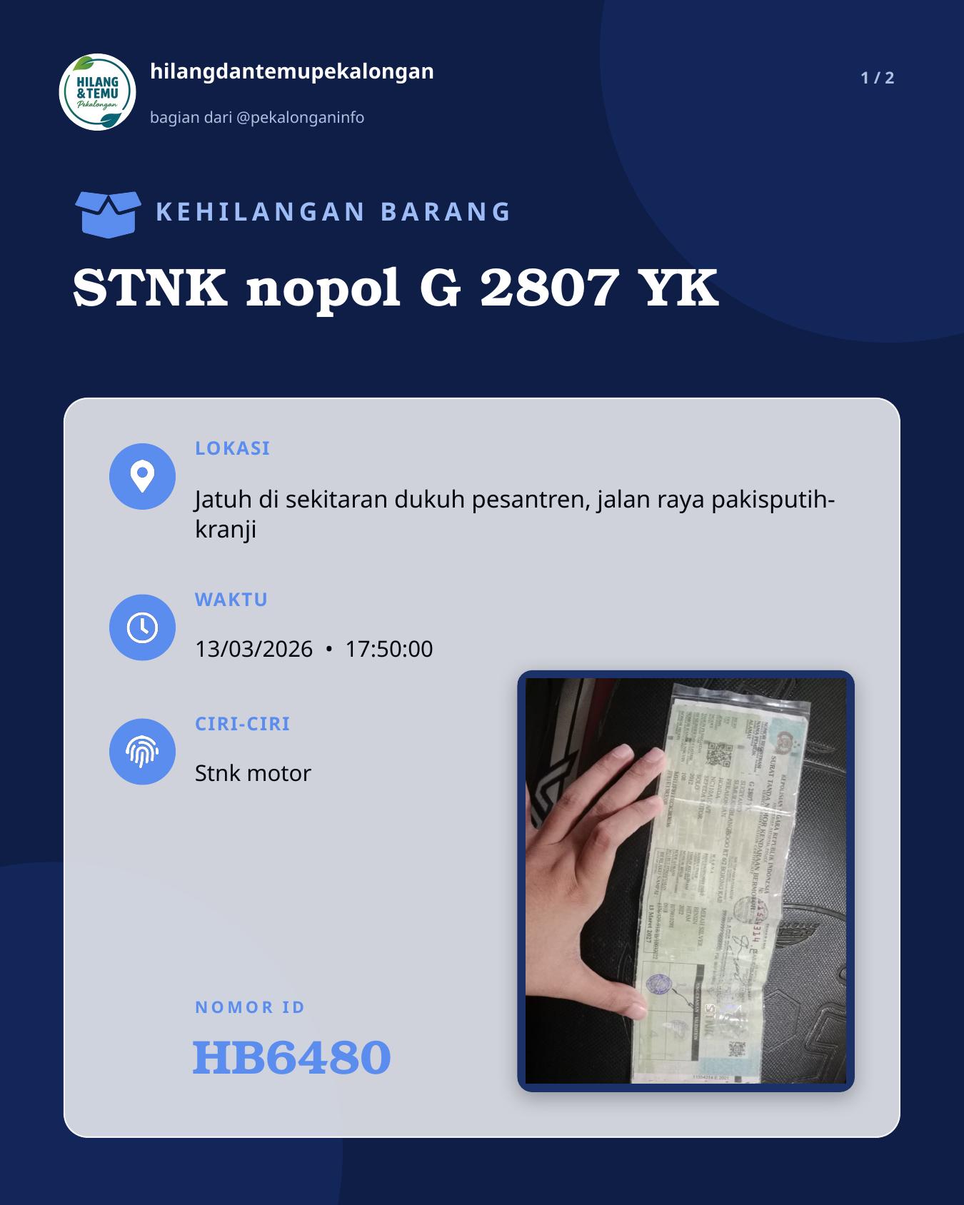 Slide 1 laporan STNK nopol G 2807 YK