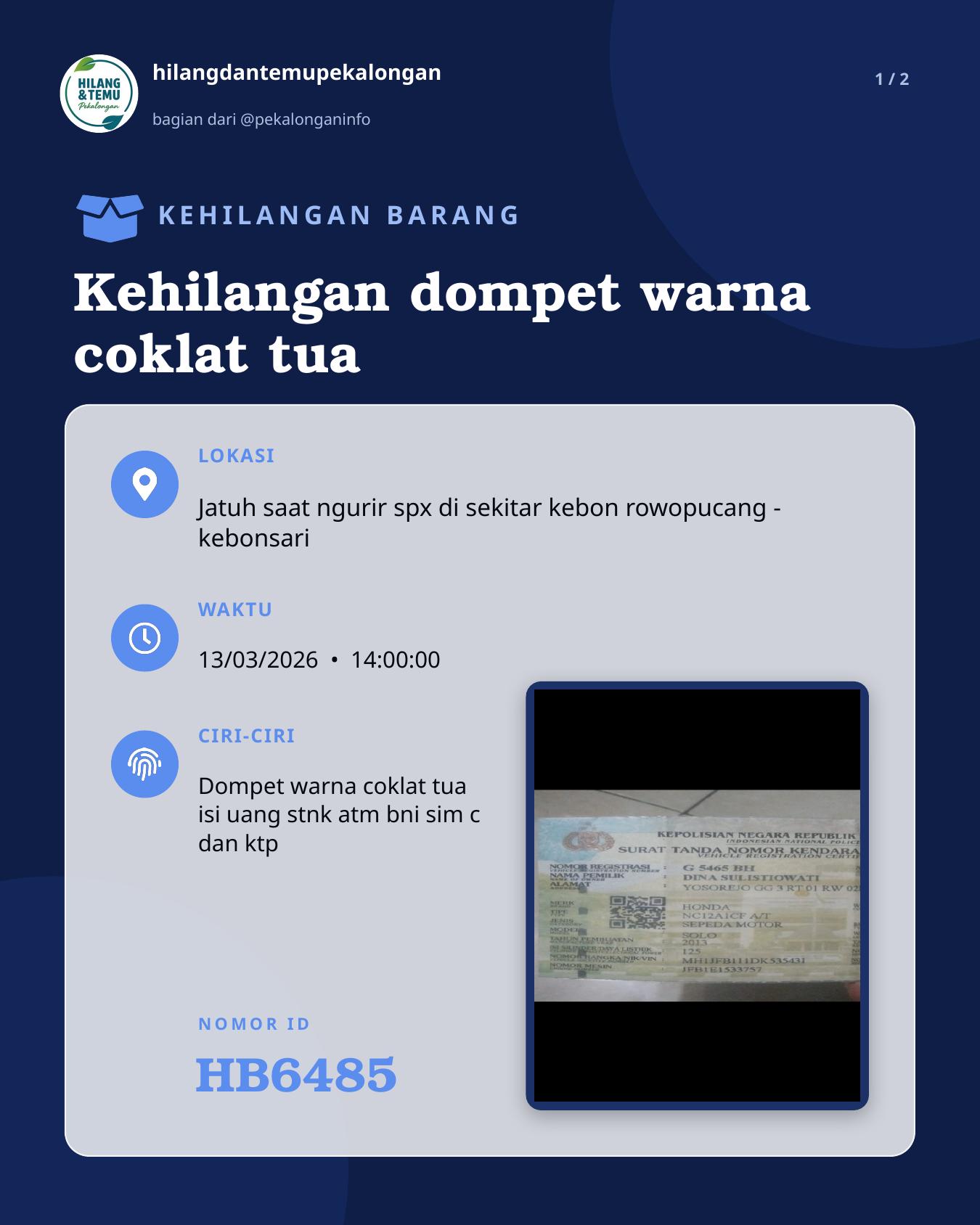 Slide 1 laporan Kehilangan dompet warna coklat tua