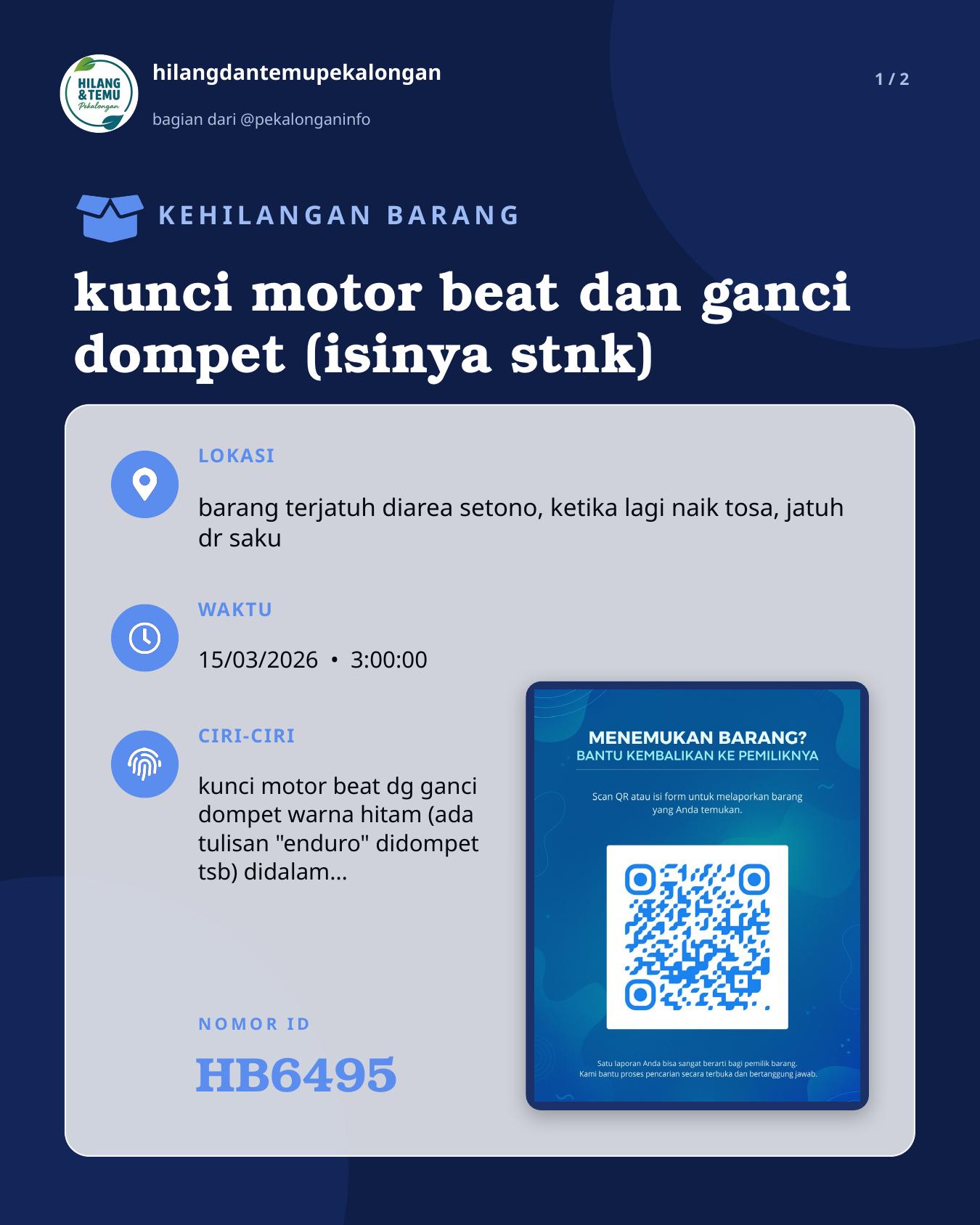 Slide 1 laporan kunci motor beat dan ganci dompet (isinya stnk)
