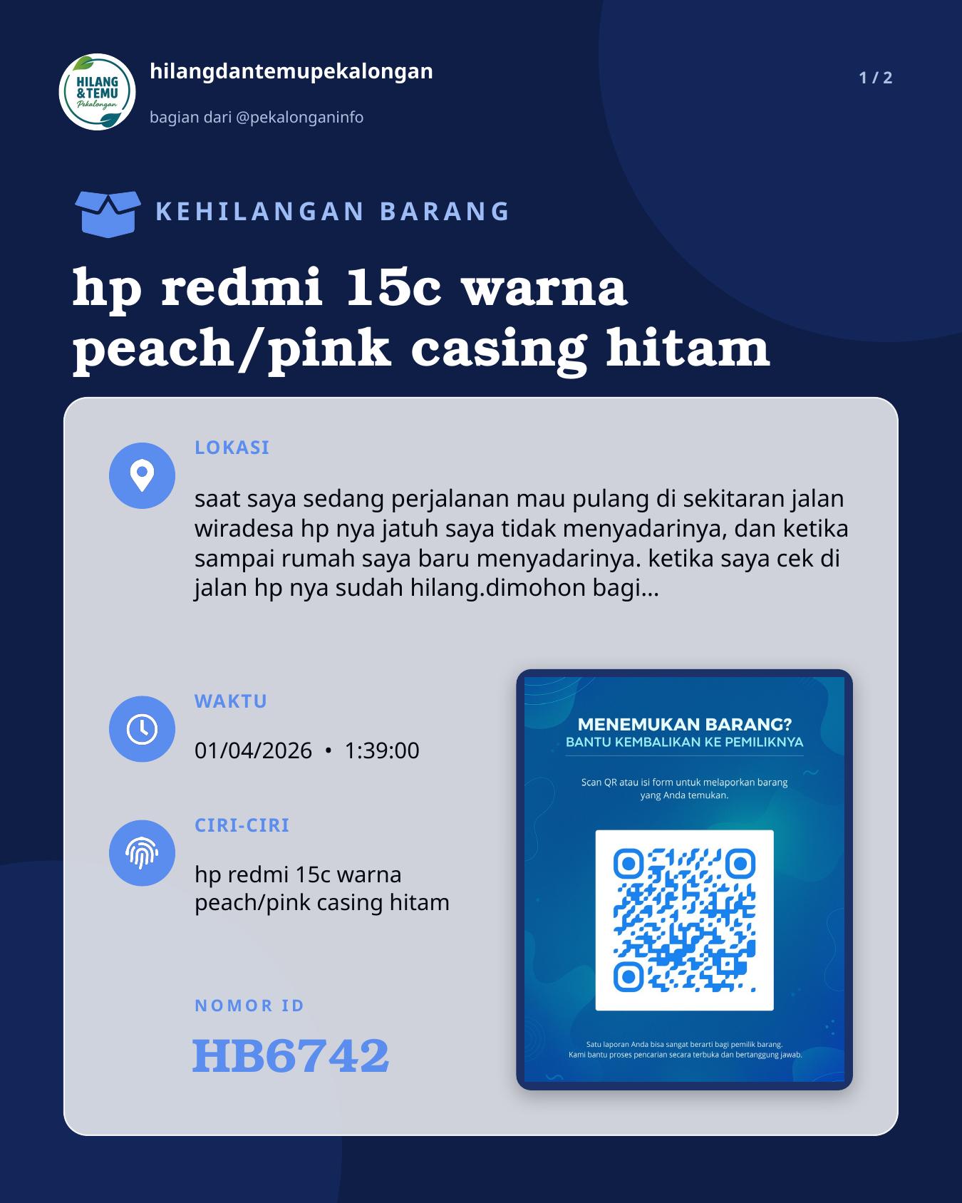 Slide 1 laporan hp redmi 15c warna peach/pink casing hitam