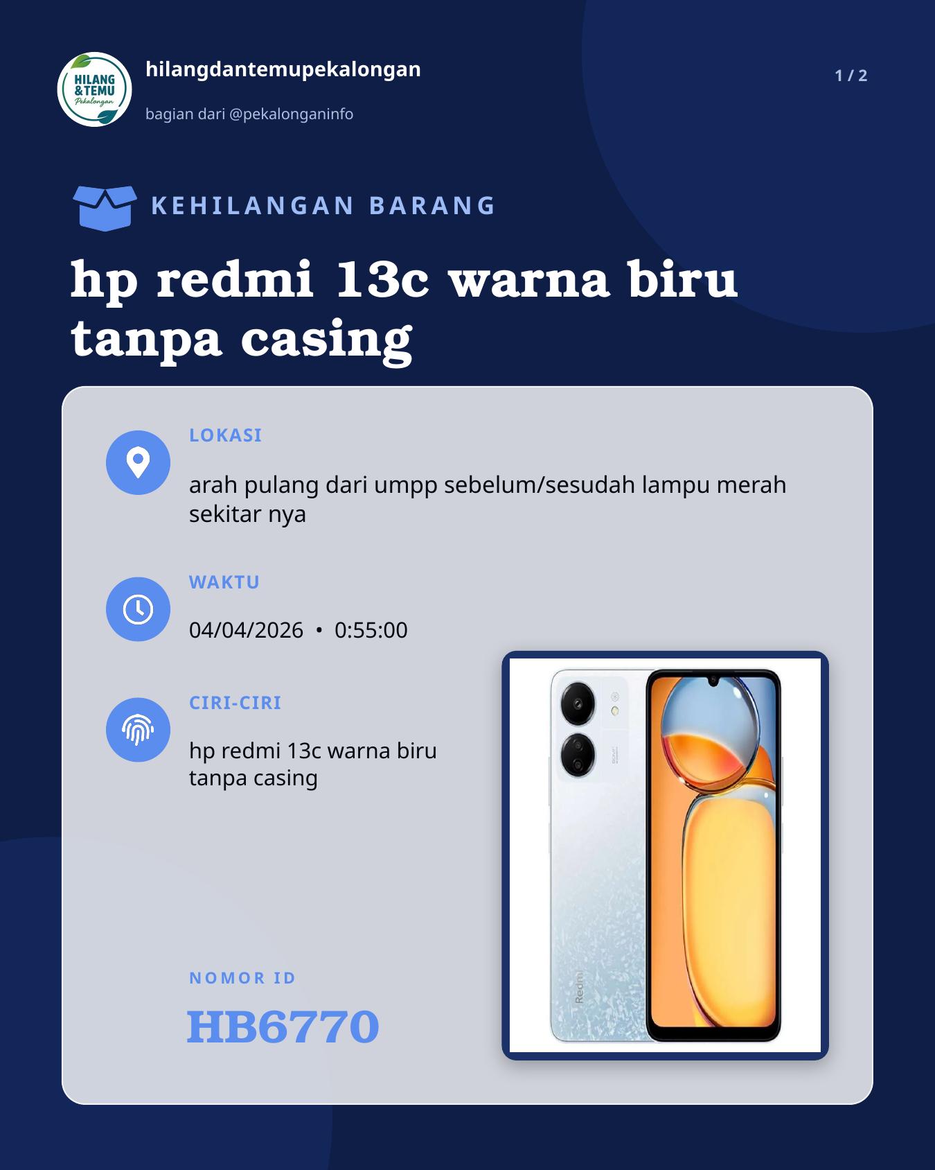 Slide 1 laporan hp redmi 13c warna biru tanpa casing