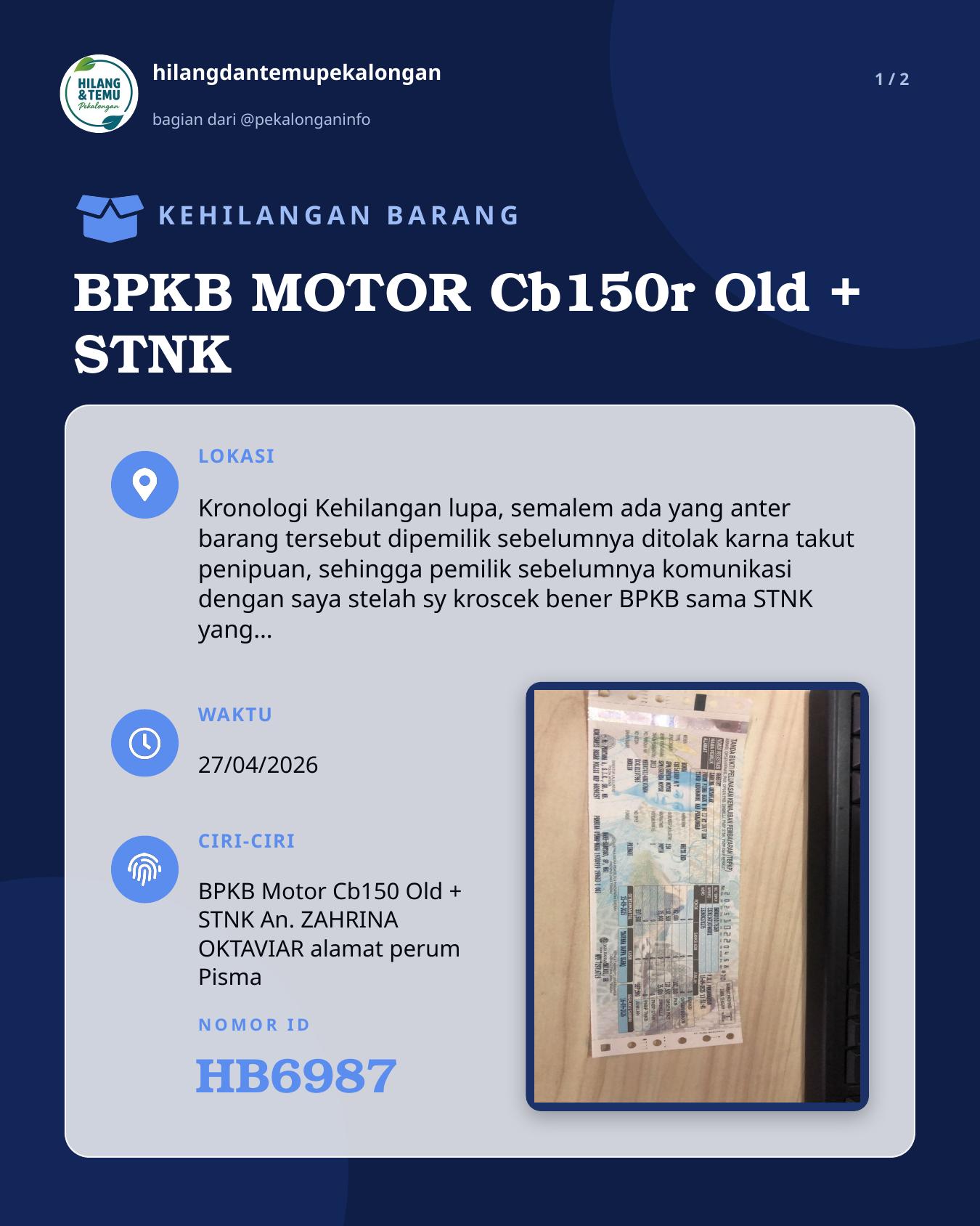 Slide 1 laporan BPKB MOTOR Cb150r Old + STNK