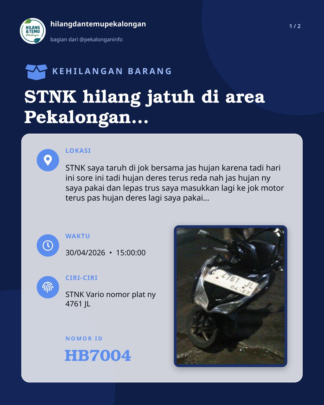 Slide 1 laporan STNK hilang jatuh di area Pekalongan wonopringgo & sekitarnya