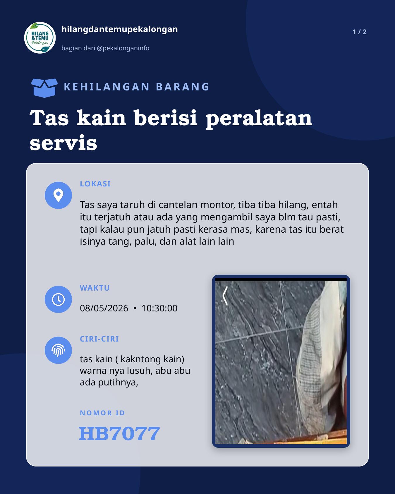 Slide 1 laporan Tas kain berisi peralatan servis