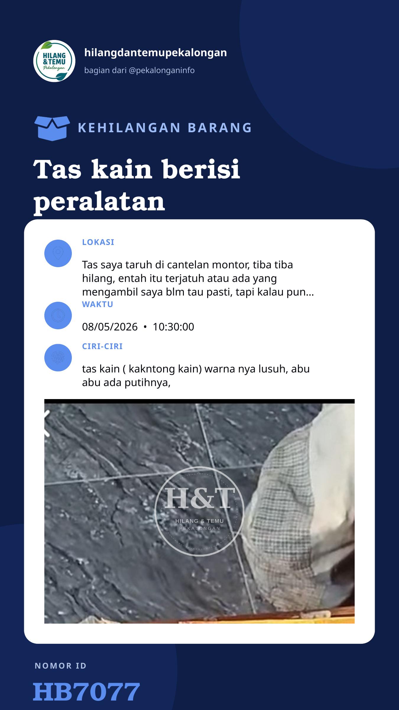 Story 9:16 laporan Tas kain berisi peralatan servis
