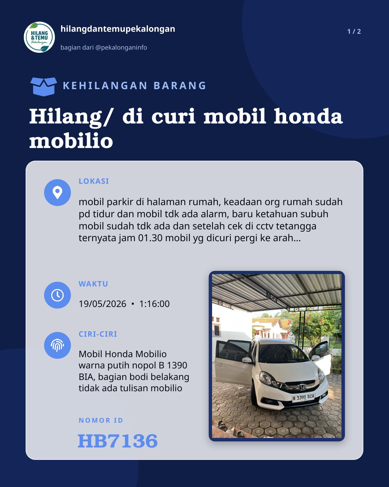 Slide 1 laporan Hilang/ di curi mobil honda mobilio