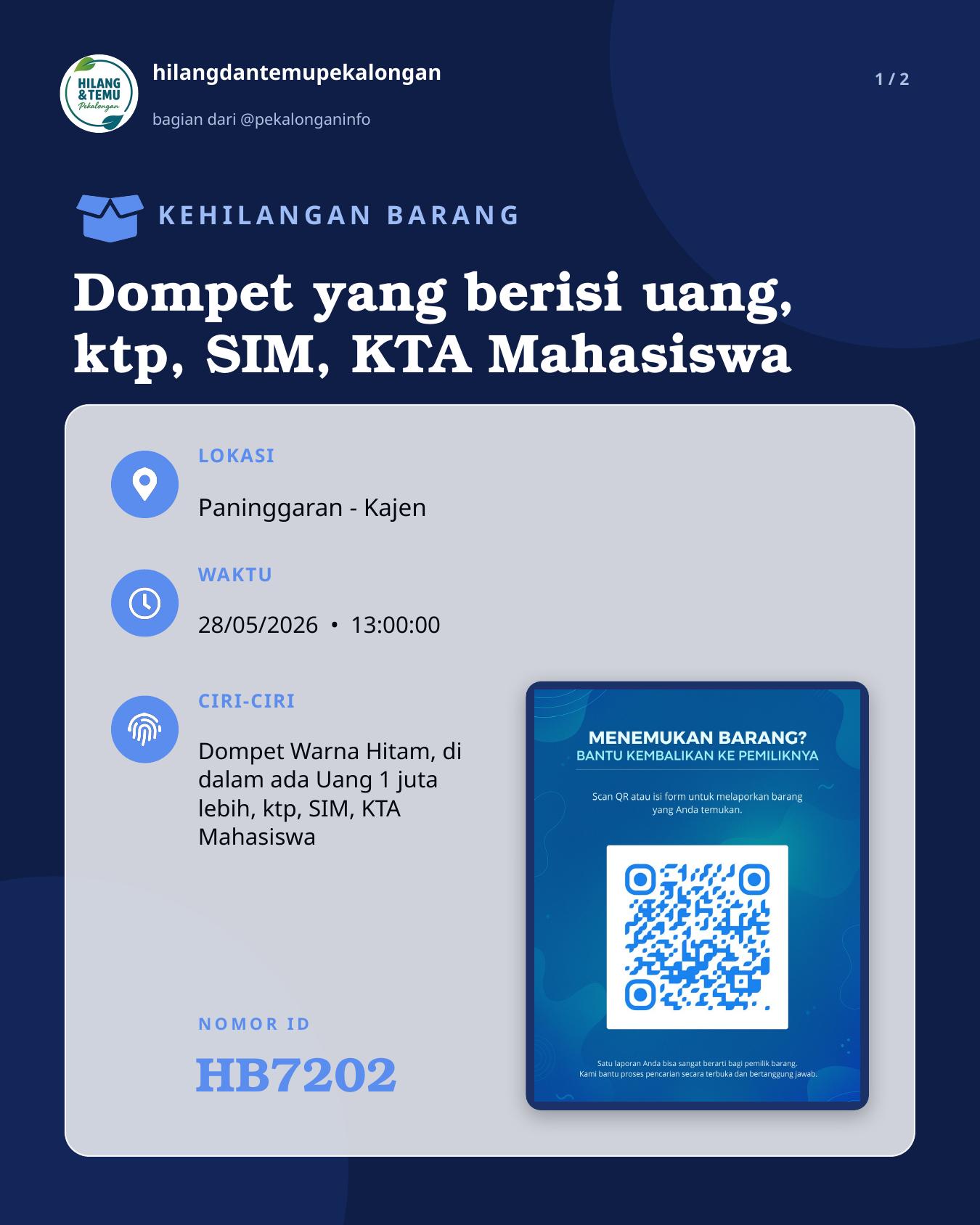 Slide 1 laporan Dompet yang berisi uang, ktp, SIM, KTA Mahasiswa