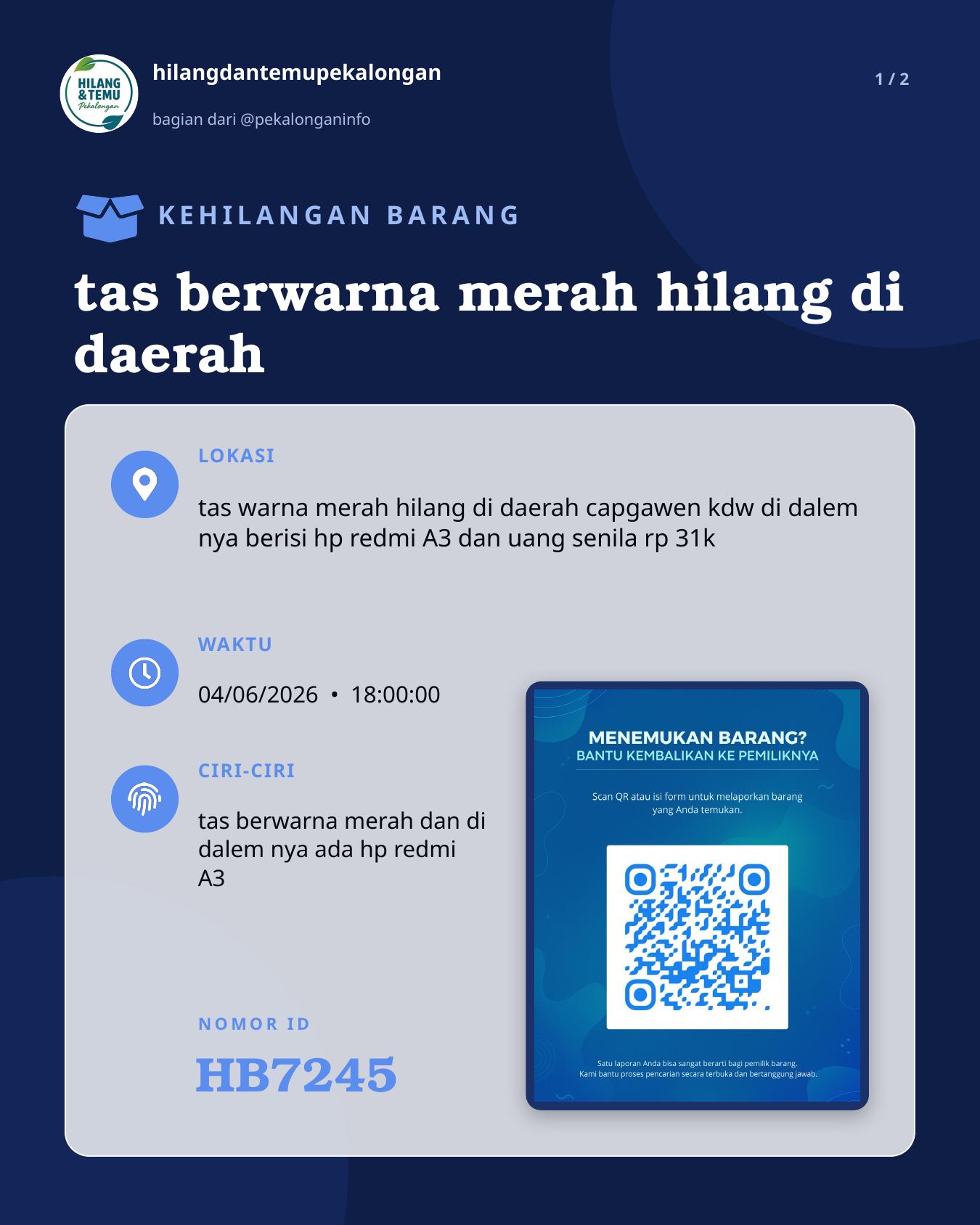 Slide 1 laporan tas berwarna merah hilang di daerah
