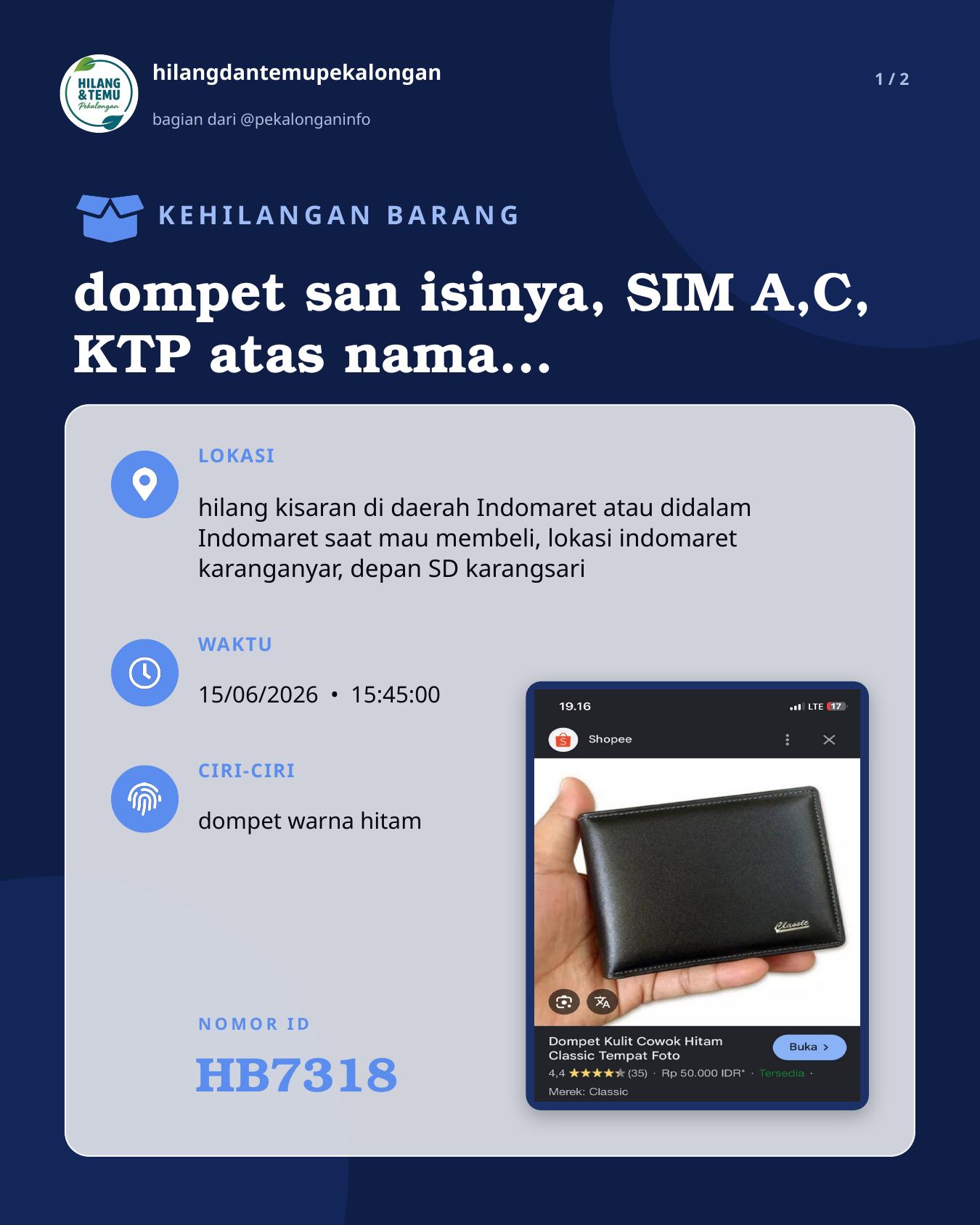 Slide 1 laporan dompet san isinya, SIM A,C, KTP atas nama fijar rujito, ATM Bri, mandiri, Kartu mahasiswa unikal, STNK