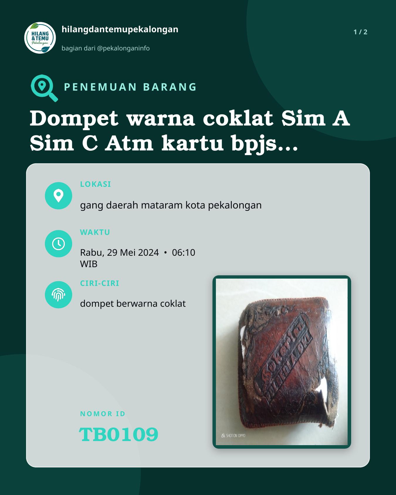 Slide 1 laporan Dompet warna coklat Sim A Sim C Atm kartu bpjs kartu ptg lainya