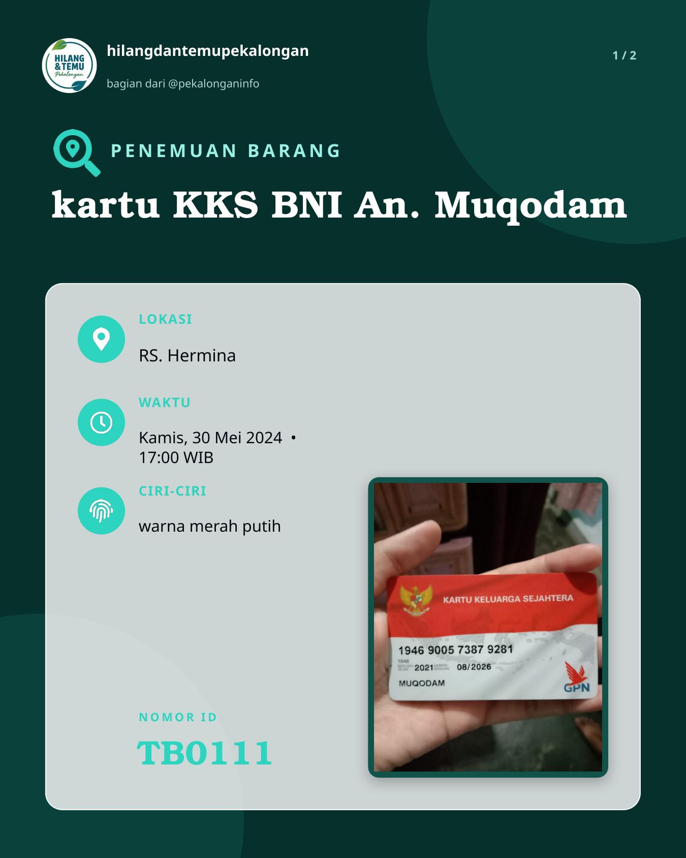 Slide 1 laporan kartu KKS BNI An. Muqodam