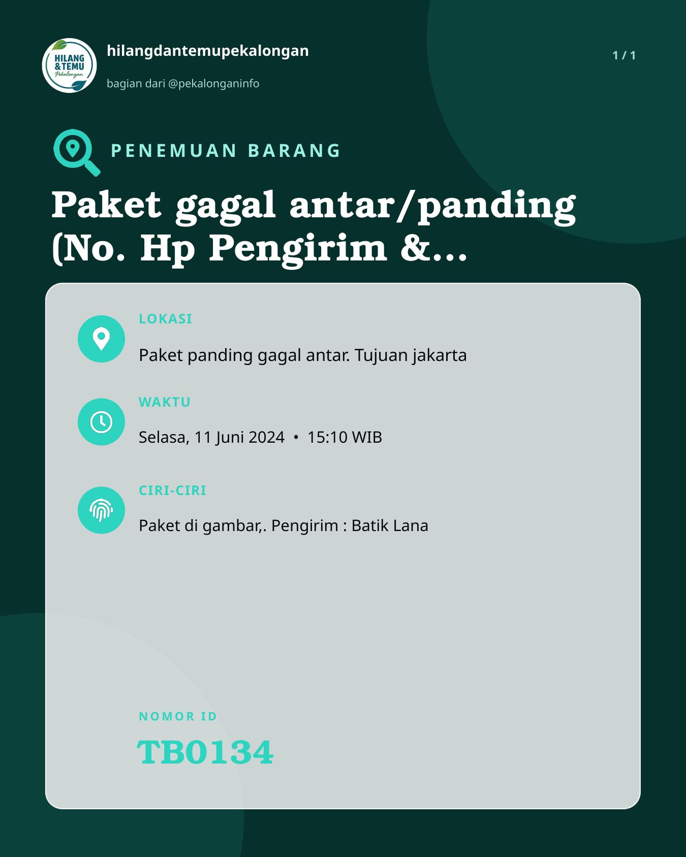 Slide laporan Paket gagal antar/panding (No. Hp Pengirim & Penerima tidak dapat hubungi) (TB0134)