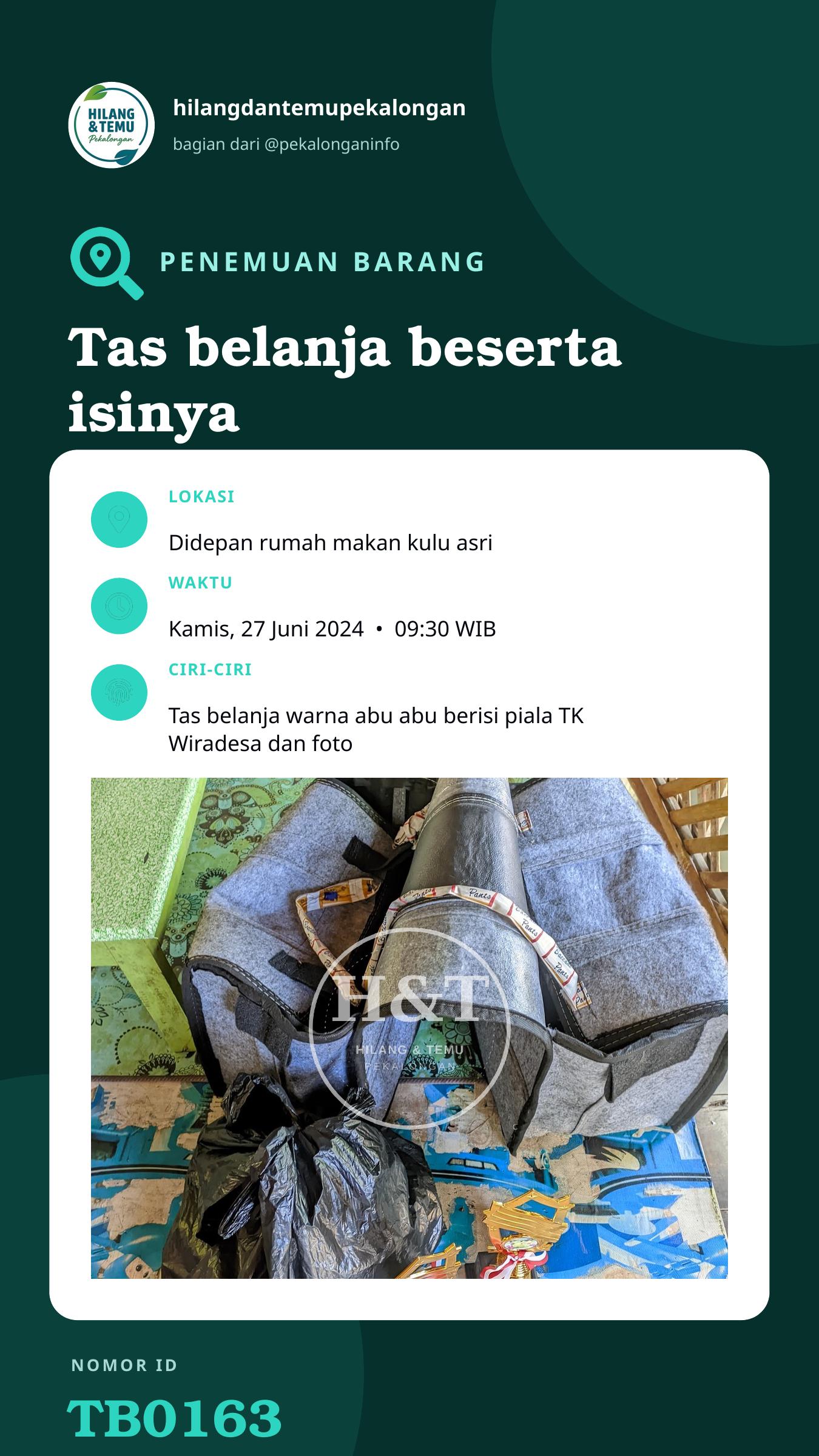 Story 9:16 laporan Tas belanja beserta isinya