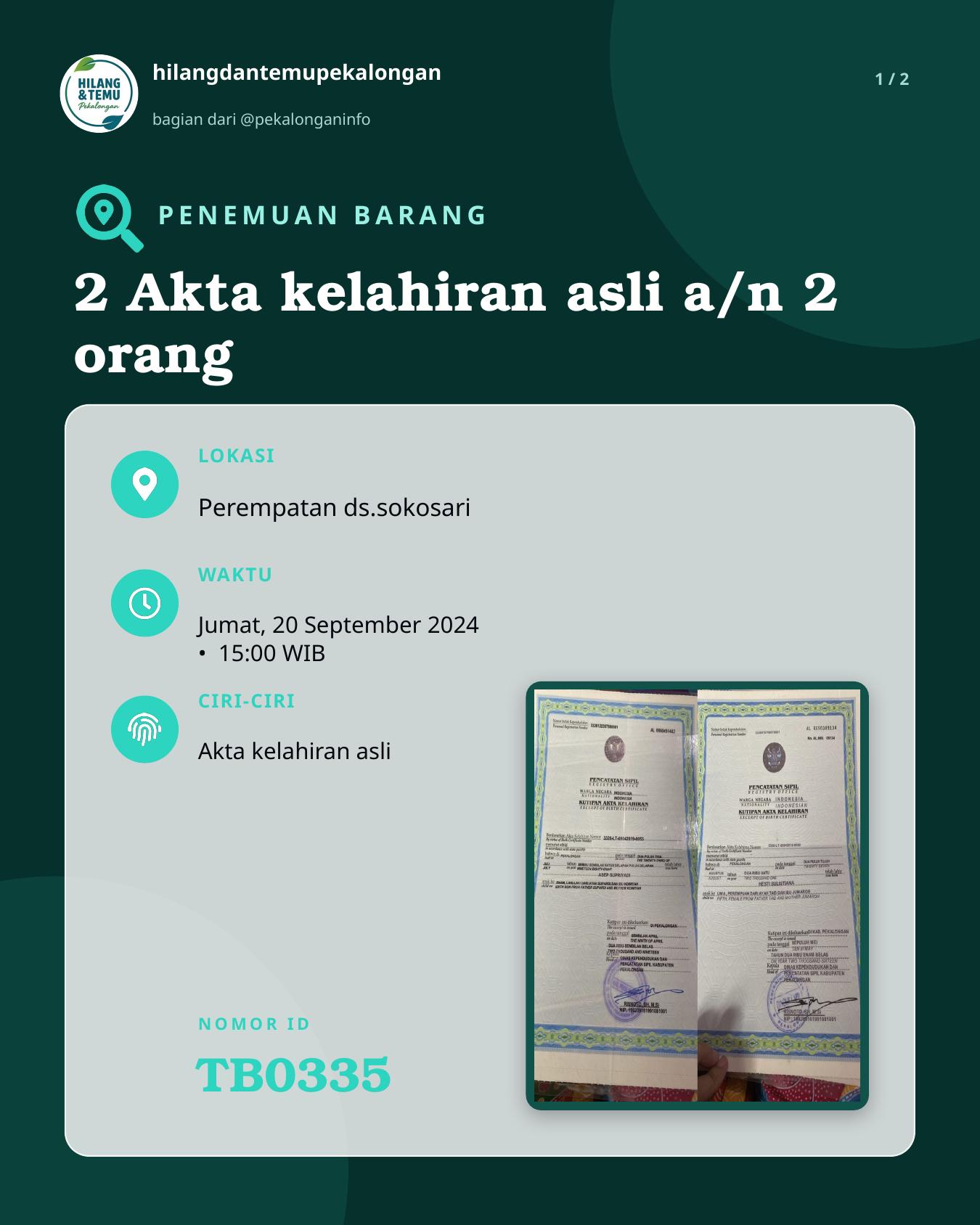 Slide 1 laporan 2 Akta kelahiran asli a/n 2 orang
