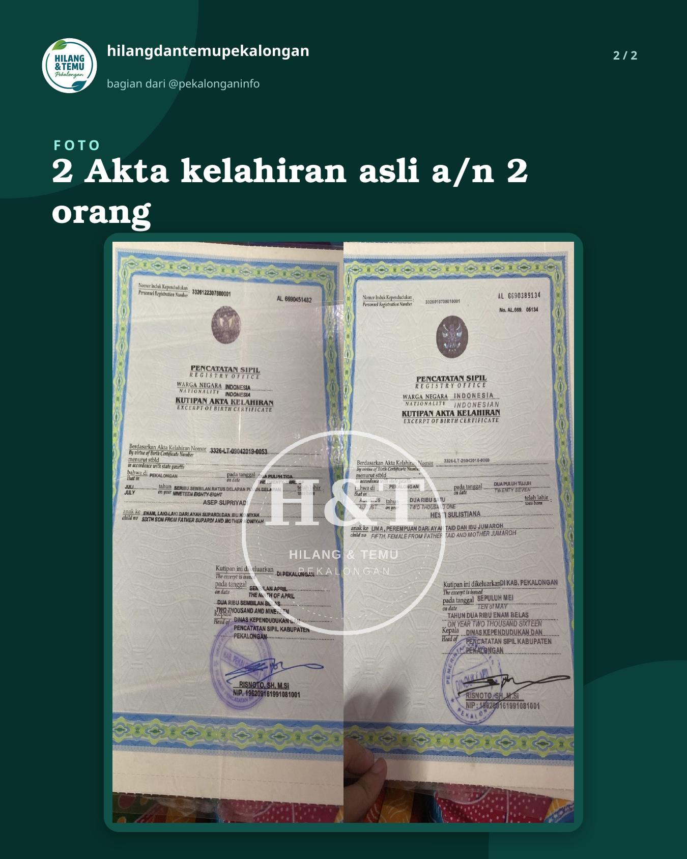 Slide 2 laporan 2 Akta kelahiran asli a/n 2 orang