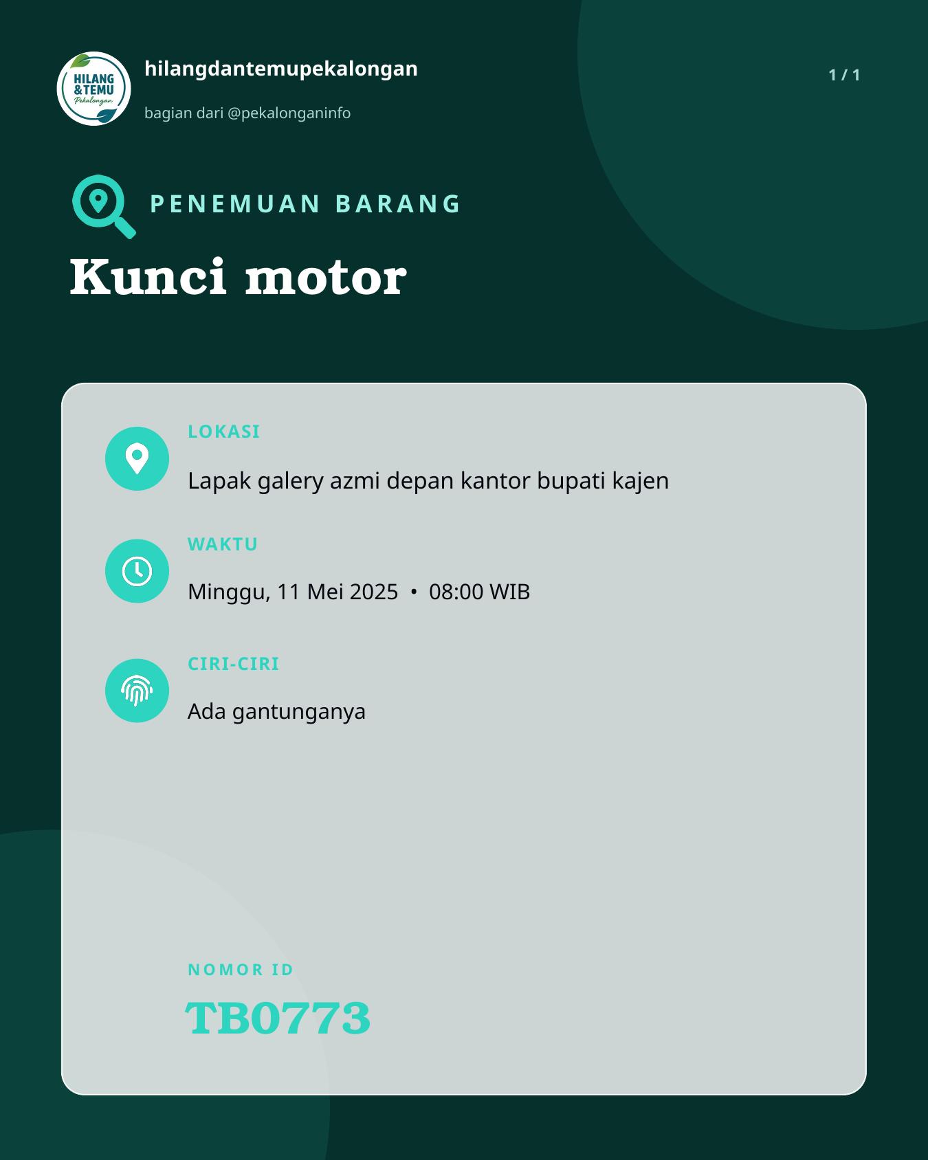 Slide laporan Kunci motor (TB0773)
