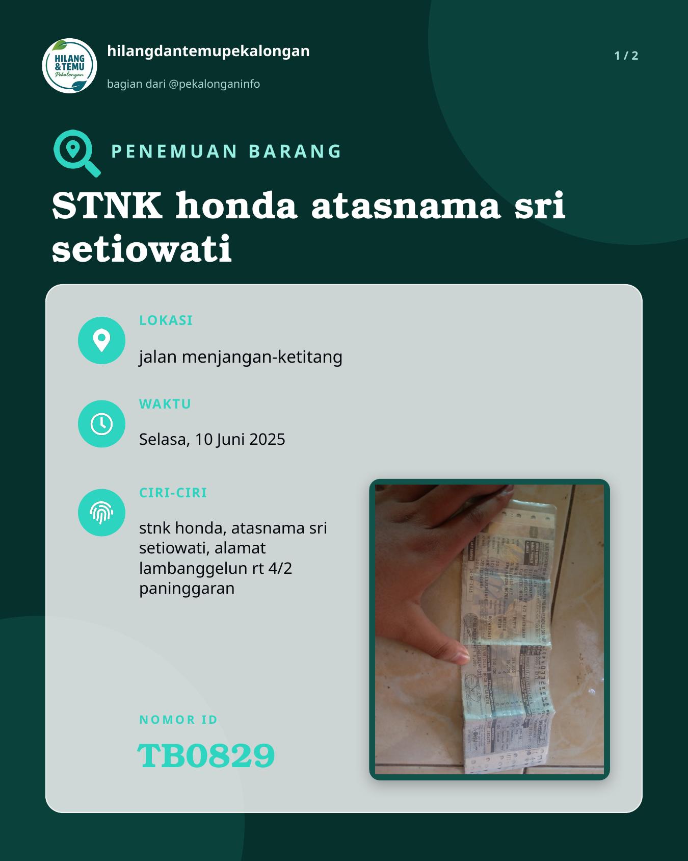 Slide 1 laporan STNK honda atasnama sri setiowati