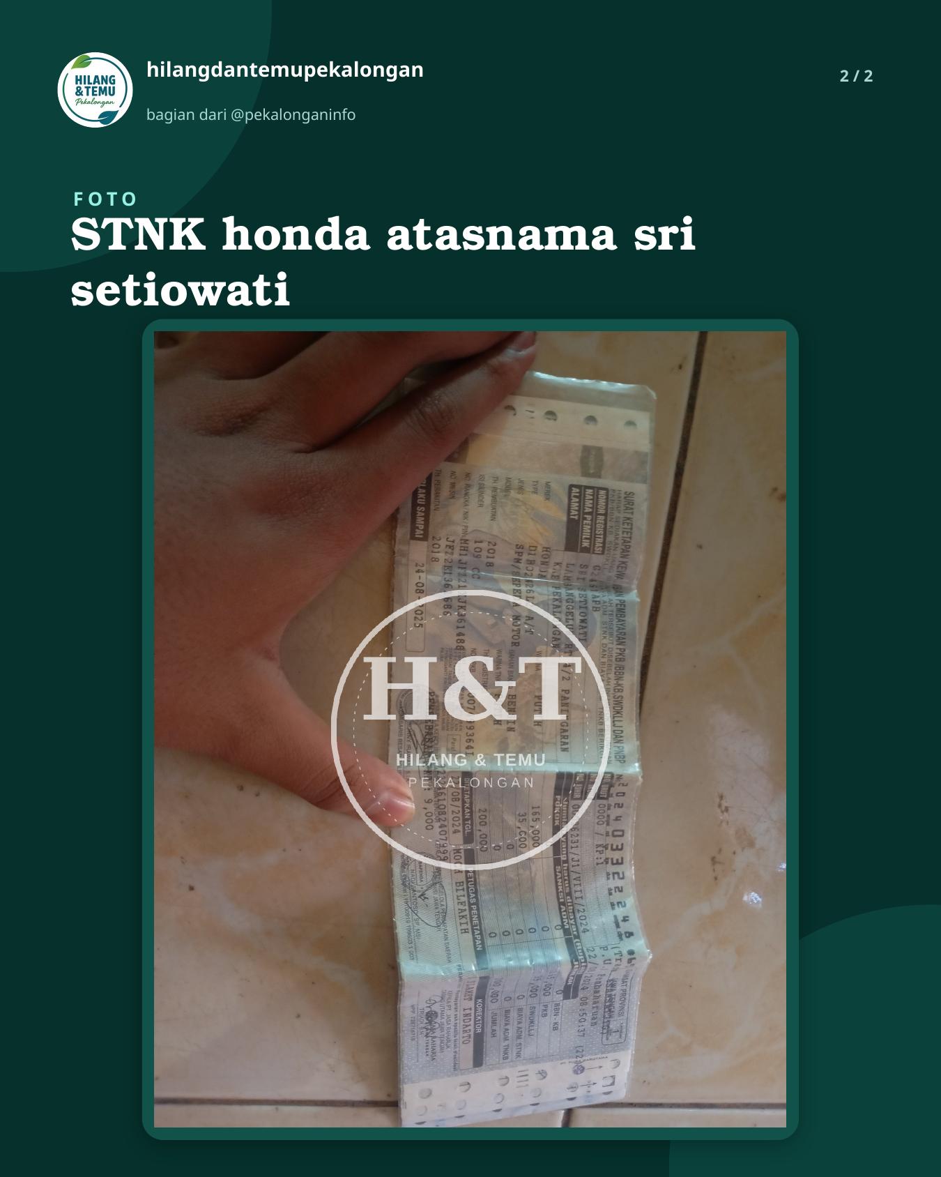 Slide 2 laporan STNK honda atasnama sri setiowati