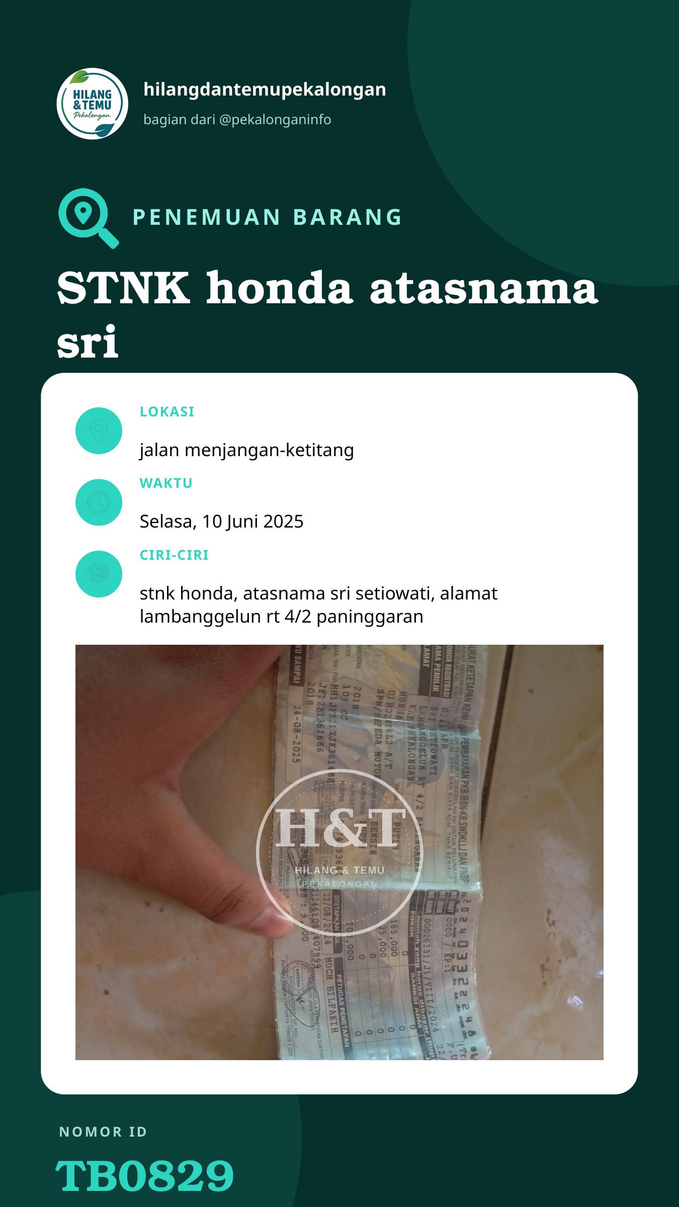 Story 9:16 laporan STNK honda atasnama sri setiowati