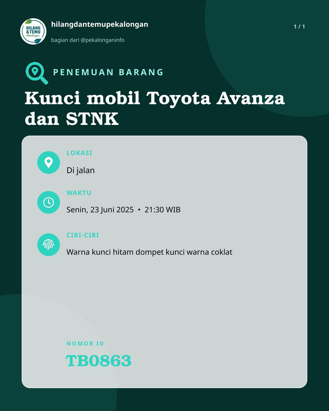 Slide laporan Kunci mobil Toyota Avanza dan STNK (TB0863)
