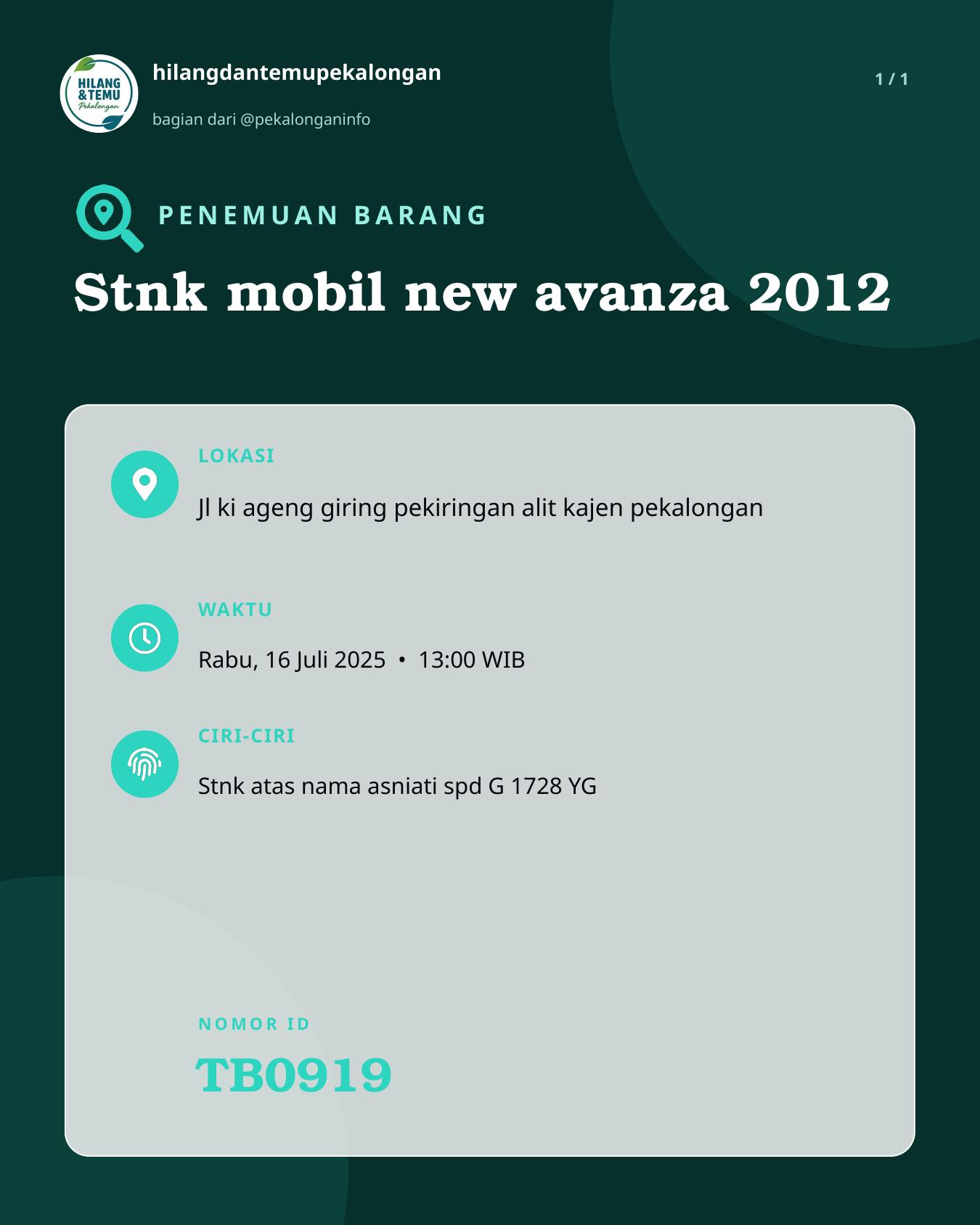 Slide laporan Stnk mobil new avanza 2012 (TB0919)