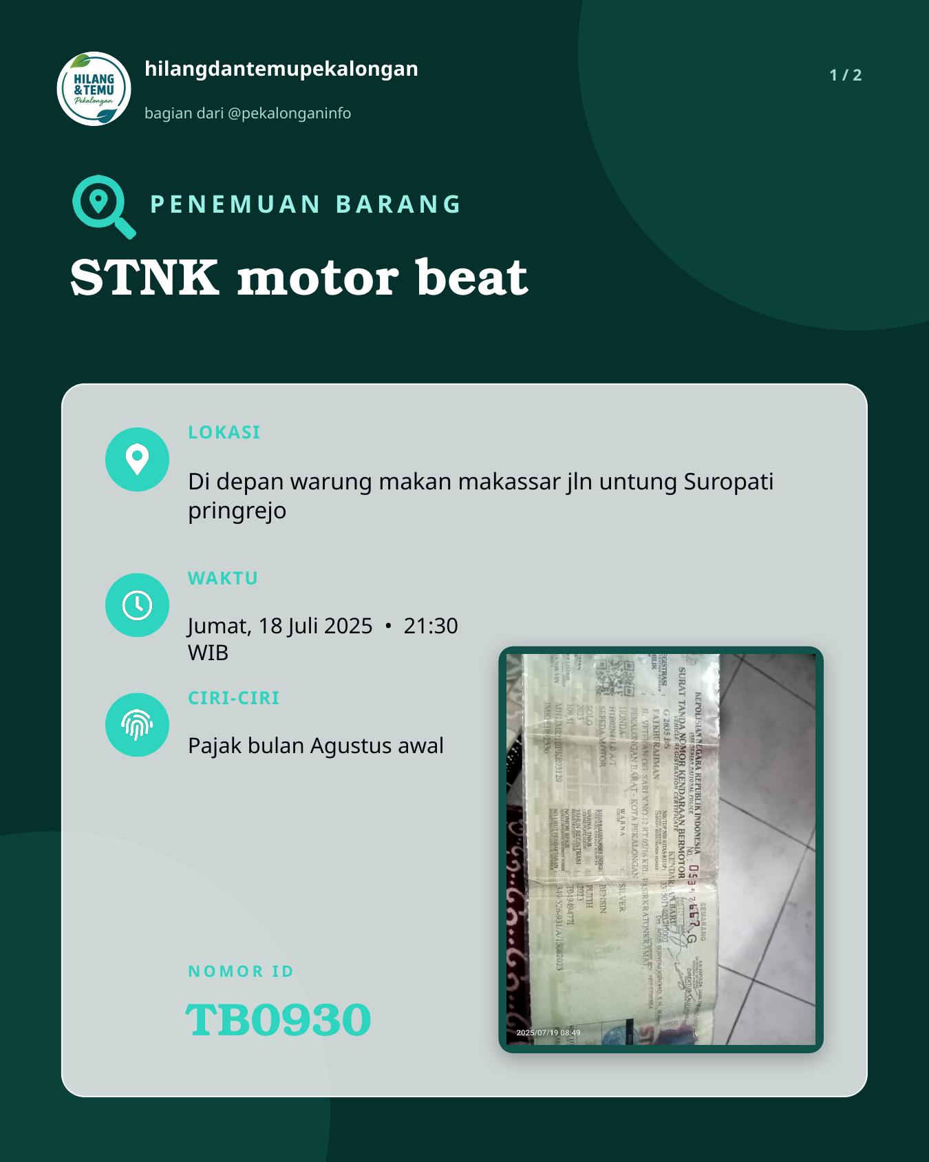Slide 1 laporan STNK motor beat