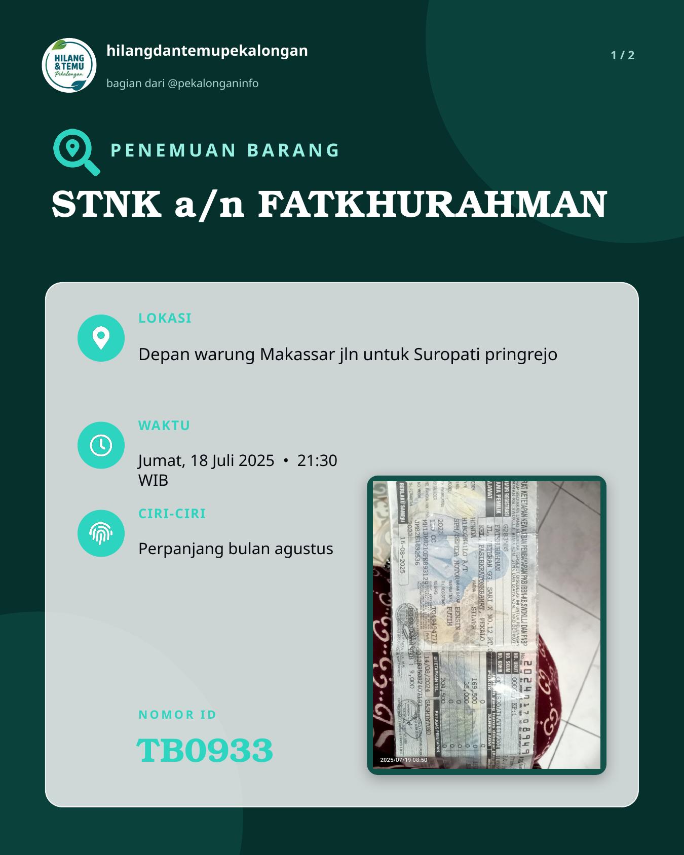 Slide 1 laporan STNK a/n FATKHURAHMAN