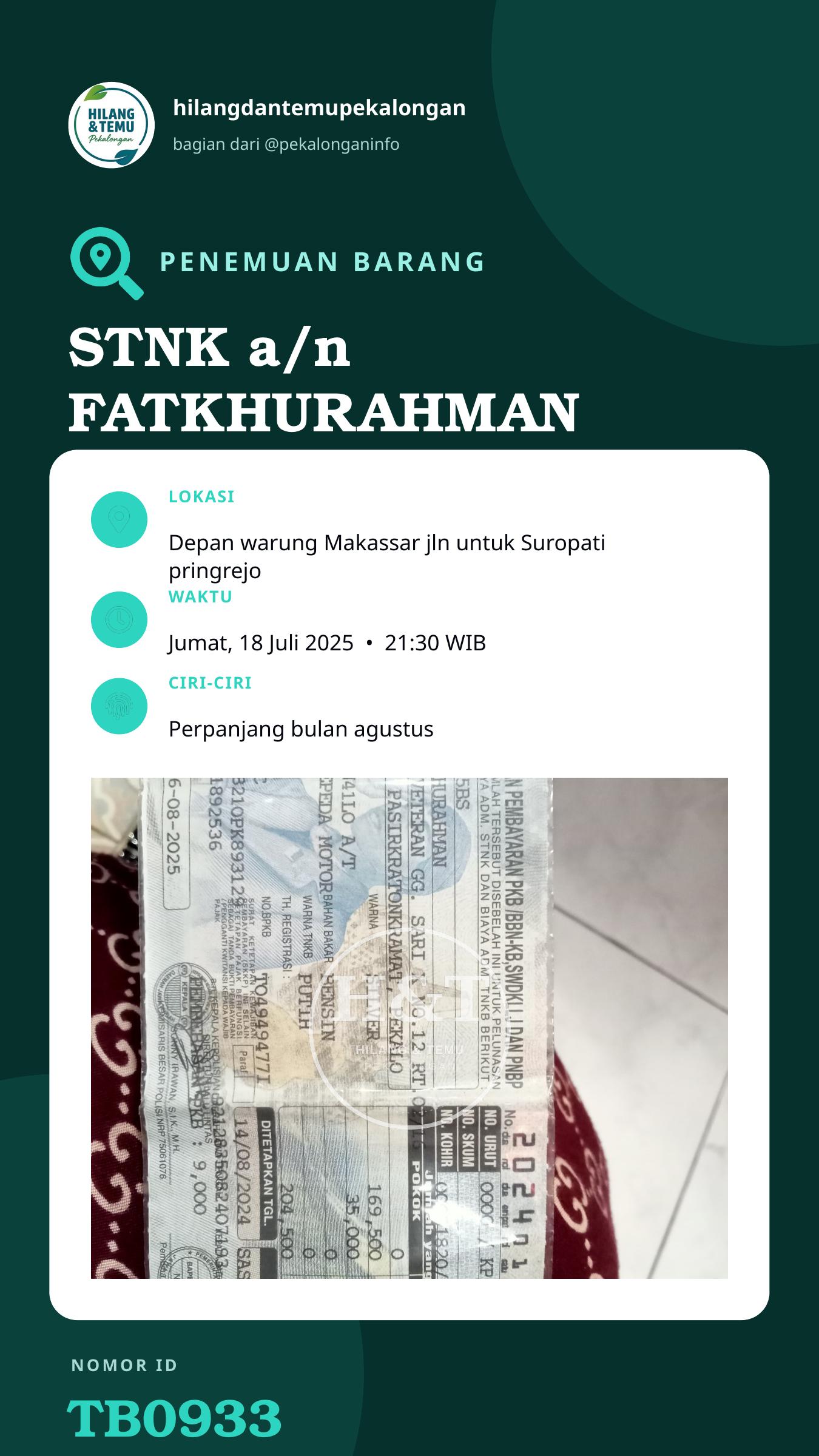 Story 9:16 laporan STNK a/n FATKHURAHMAN