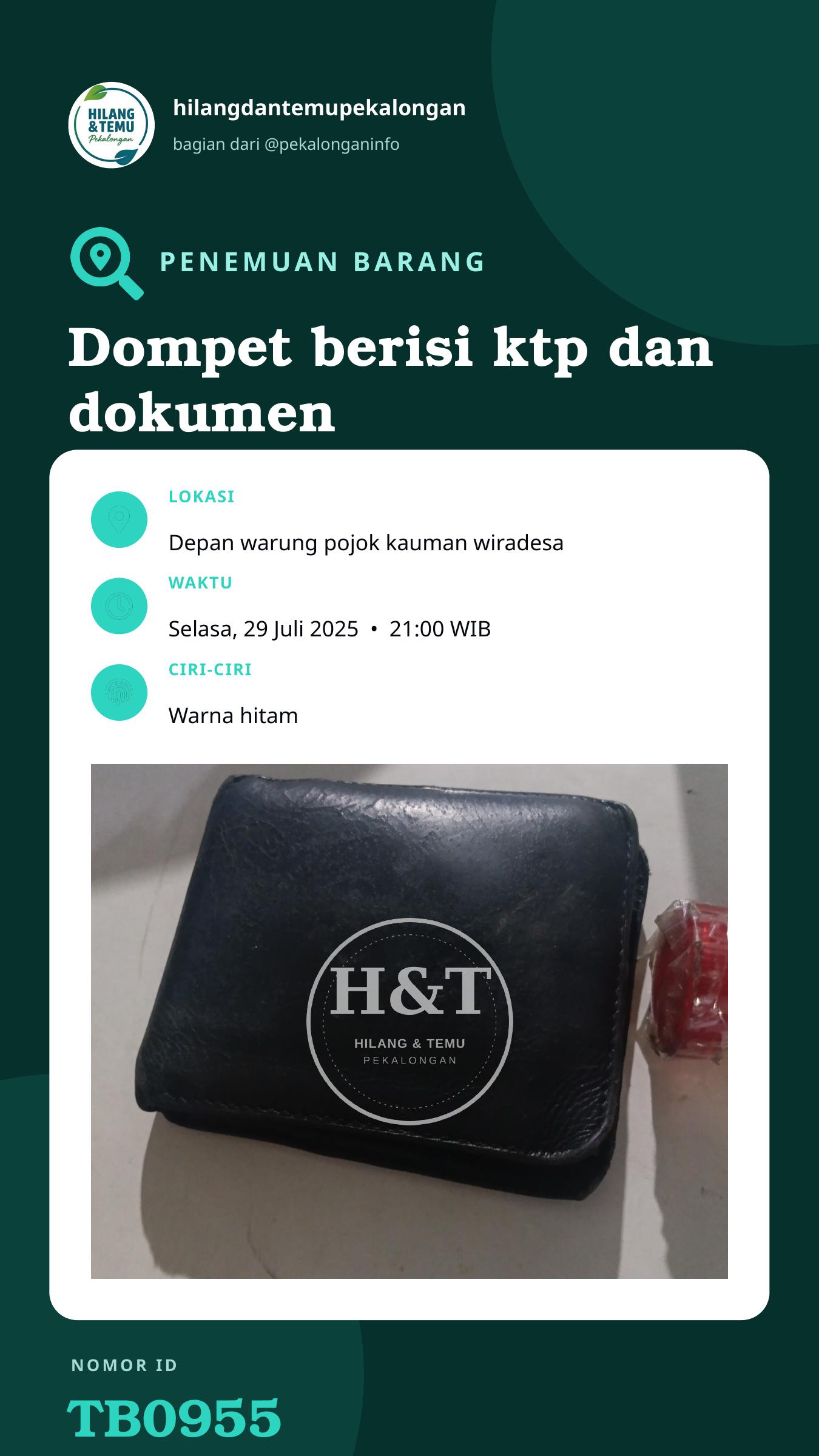 Story 9:16 laporan Dompet berisi ktp dan dokumen penting a/n Ahmad Fadholi alamat dukuh cokrah gandu rt 001 rw 001 Dadorejo Tirto