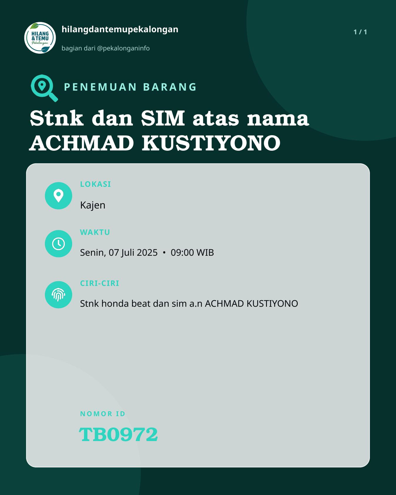 Slide laporan Stnk dan SIM atas nama ACHMAD KUSTIYONO (TB0972)