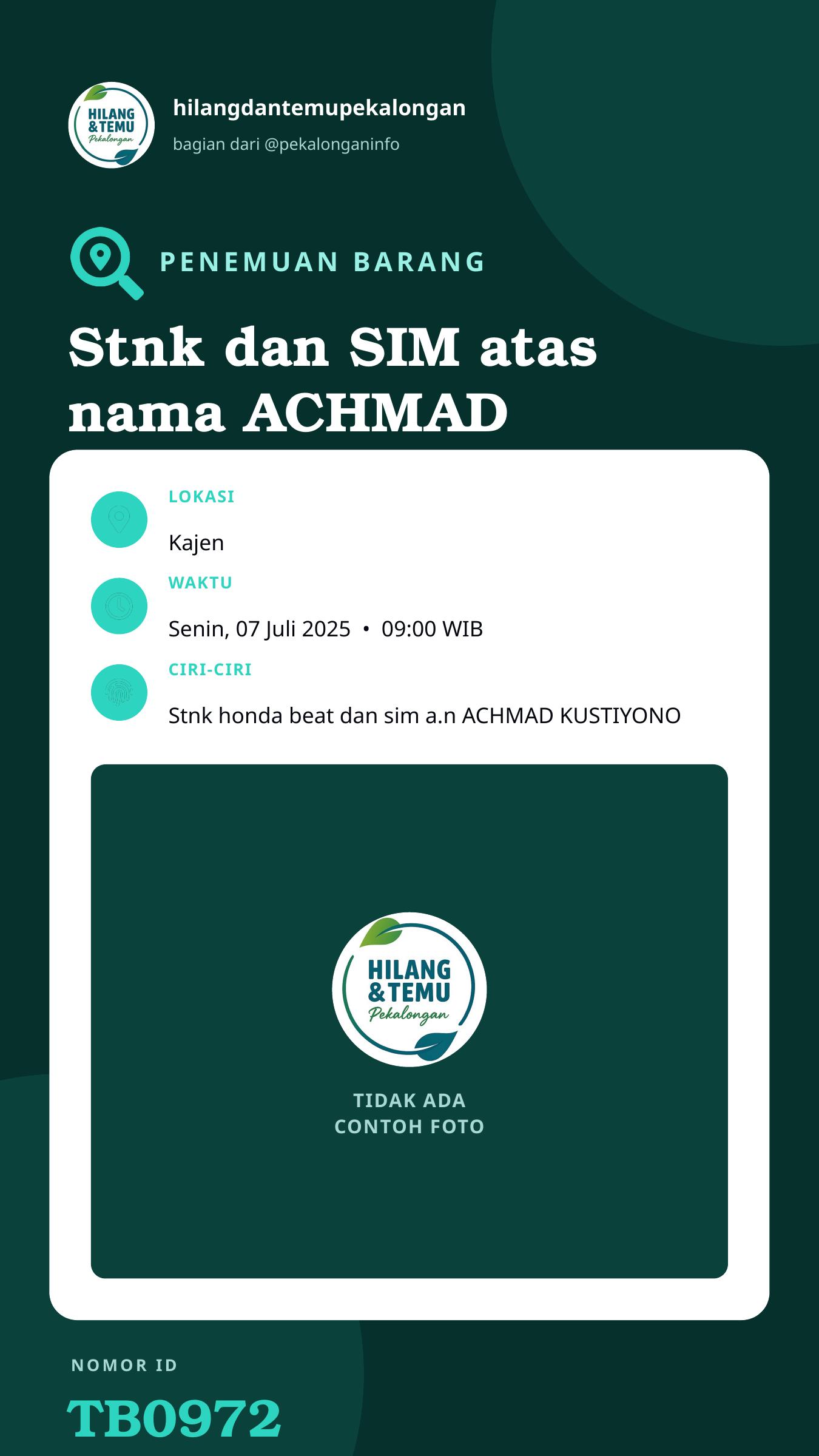 Story 9:16 laporan Stnk dan SIM atas nama ACHMAD KUSTIYONO
