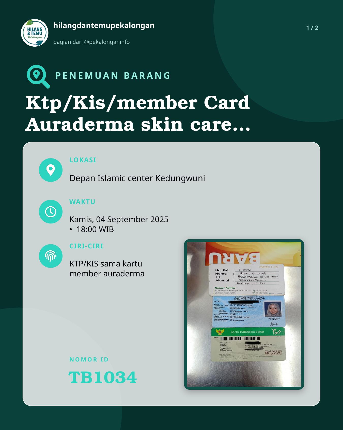 Slide 1 laporan Ktp/Kis/member Card Auraderma skin care Pekalongan