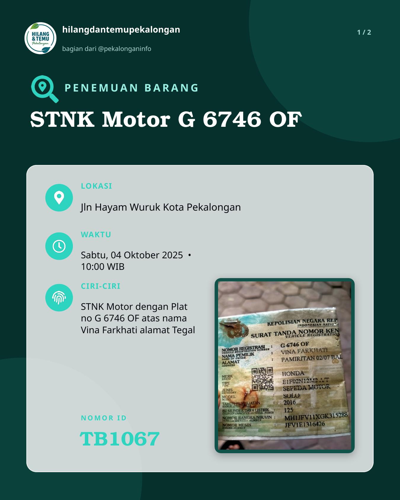 Slide 1 laporan STNK Motor G 6746 OF