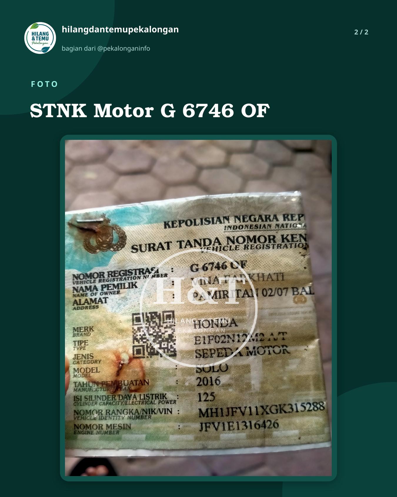 Slide 2 laporan STNK Motor G 6746 OF