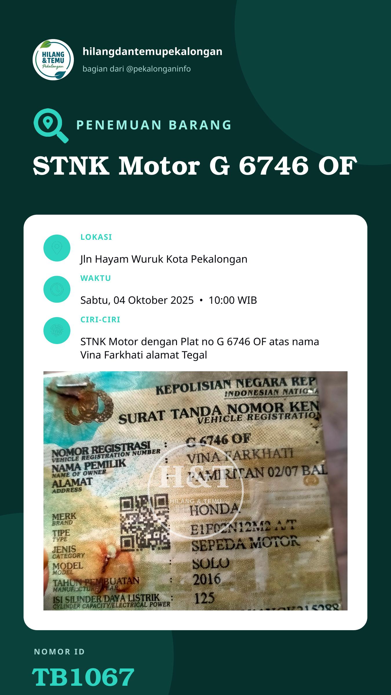 Story 9:16 laporan STNK Motor G 6746 OF