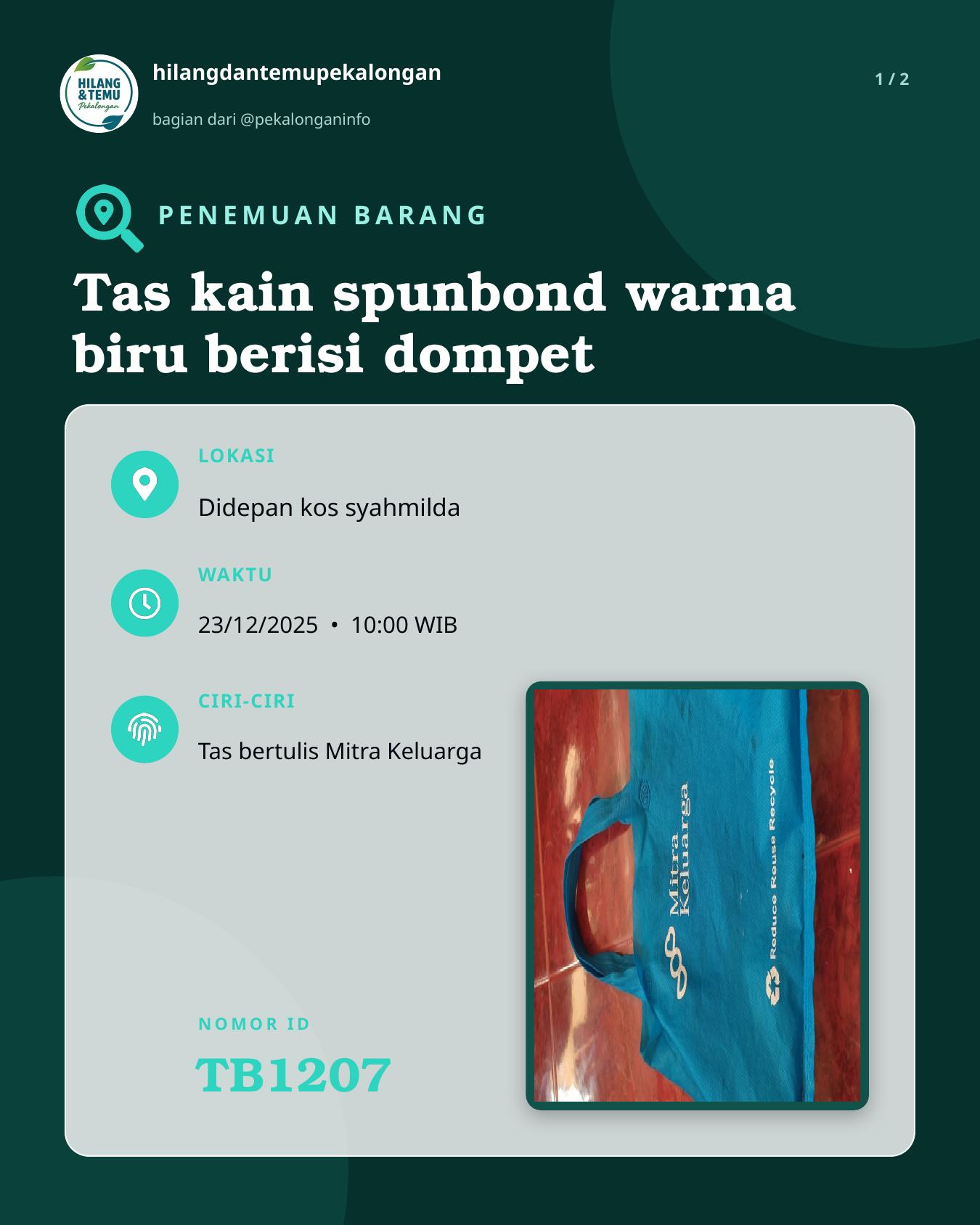 Slide 1 laporan Tas kain spunbond warna biru berisi dompet