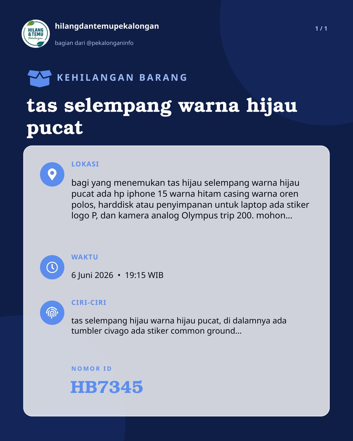 Slide laporan tas selempang warna hijau pucat (HB7345)