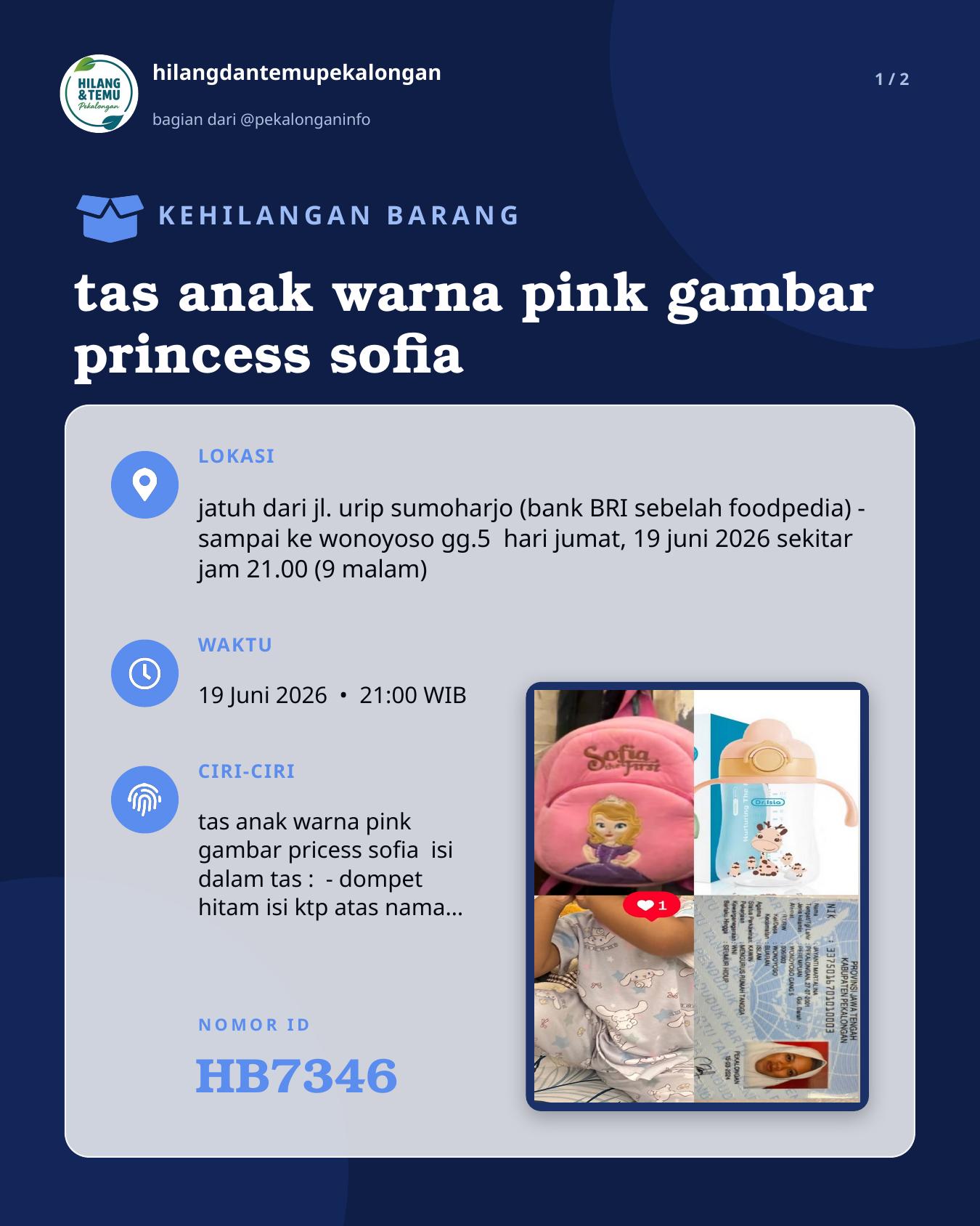 Slide laporan tas anak warna pink gambar princess sofia (HB7346)