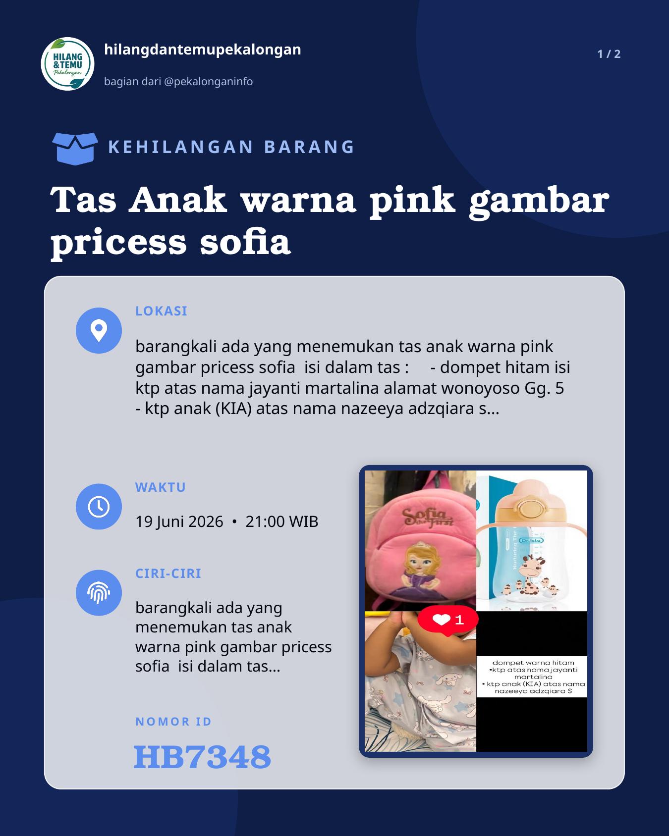 Slide laporan Tas Anak warna pink gambar pricess sofia (HB7348)
