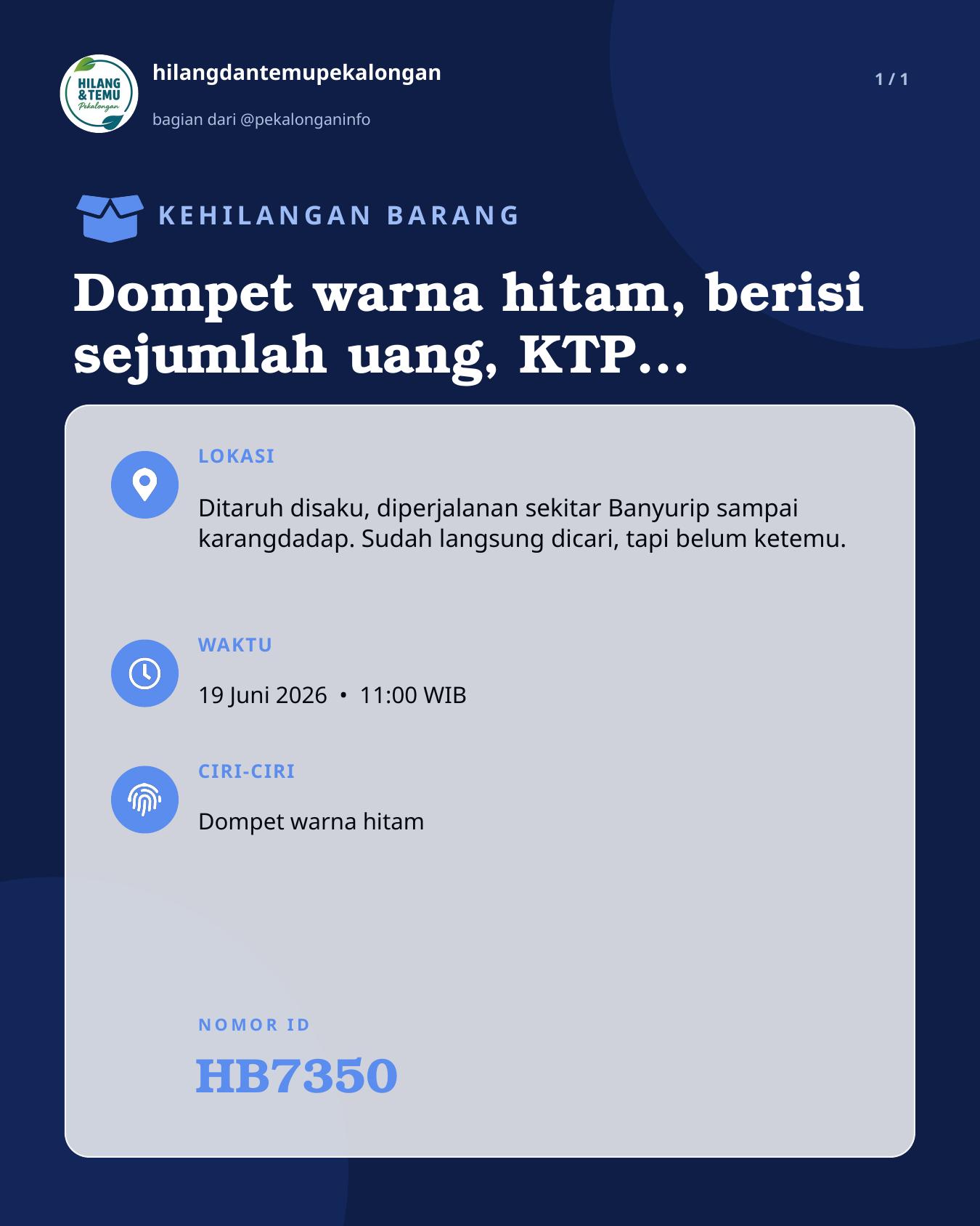 Slide laporan Dompet warna hitam, berisi sejumlah uang, KTP dan SIM (HB7350)