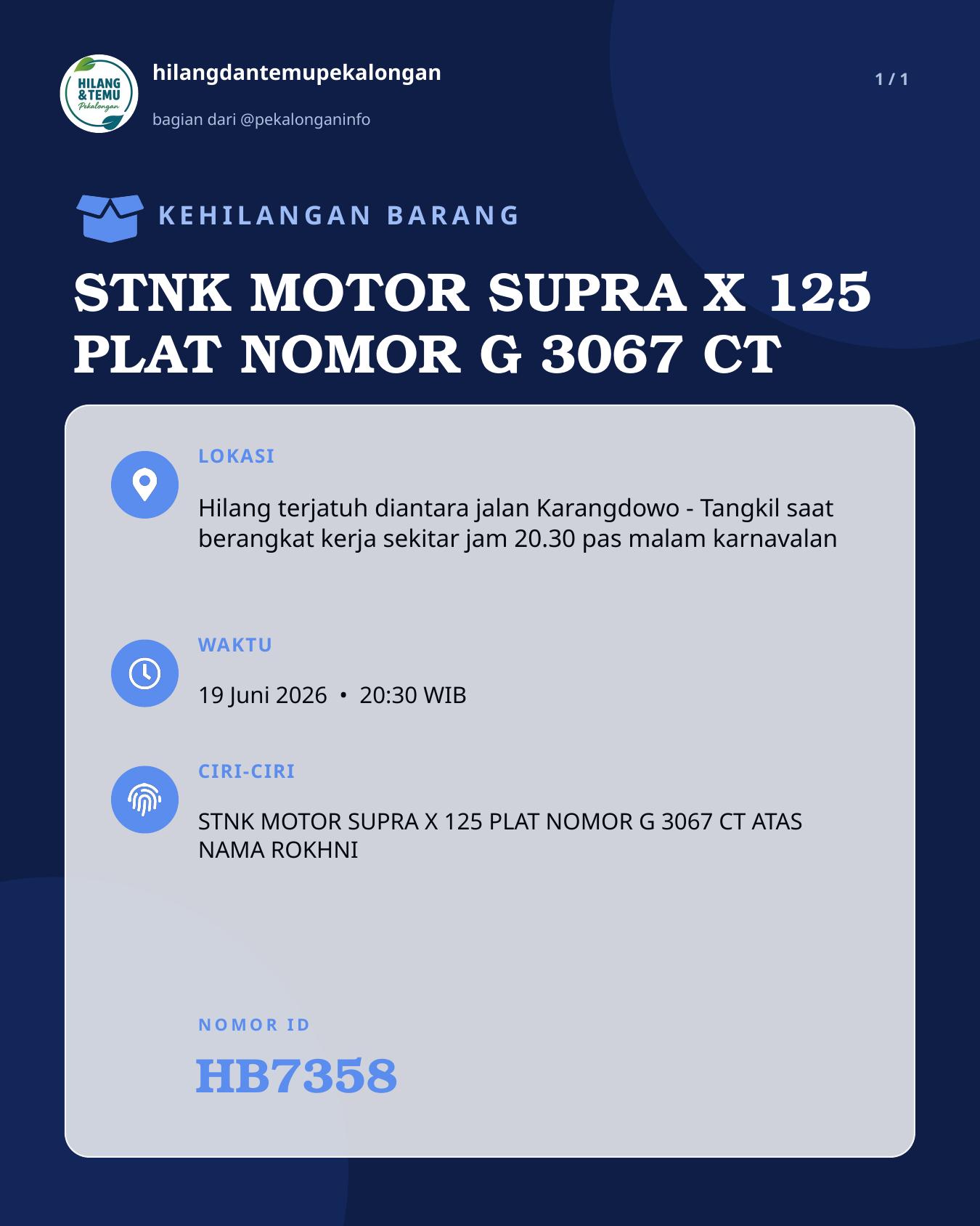Slide laporan STNK MOTOR SUPRA X 125 PLAT NOMOR G 3067 CT (HB7358)