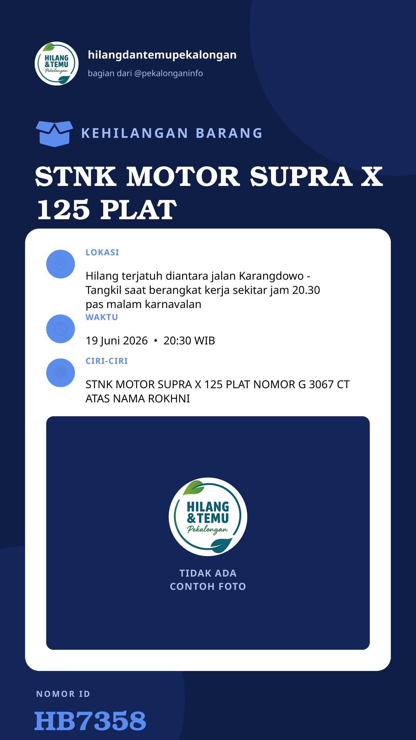 Story 9:16 laporan STNK MOTOR SUPRA X 125 PLAT NOMOR G 3067 CT