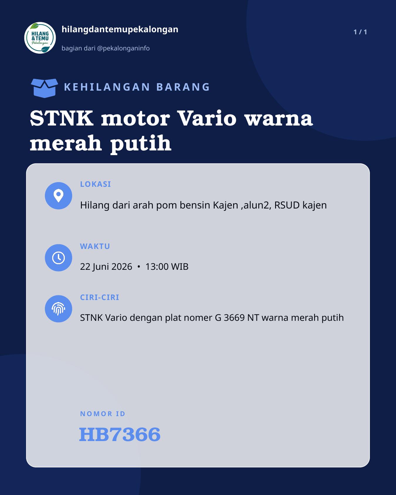 Slide laporan STNK motor Vario warna merah putih (HB7366)