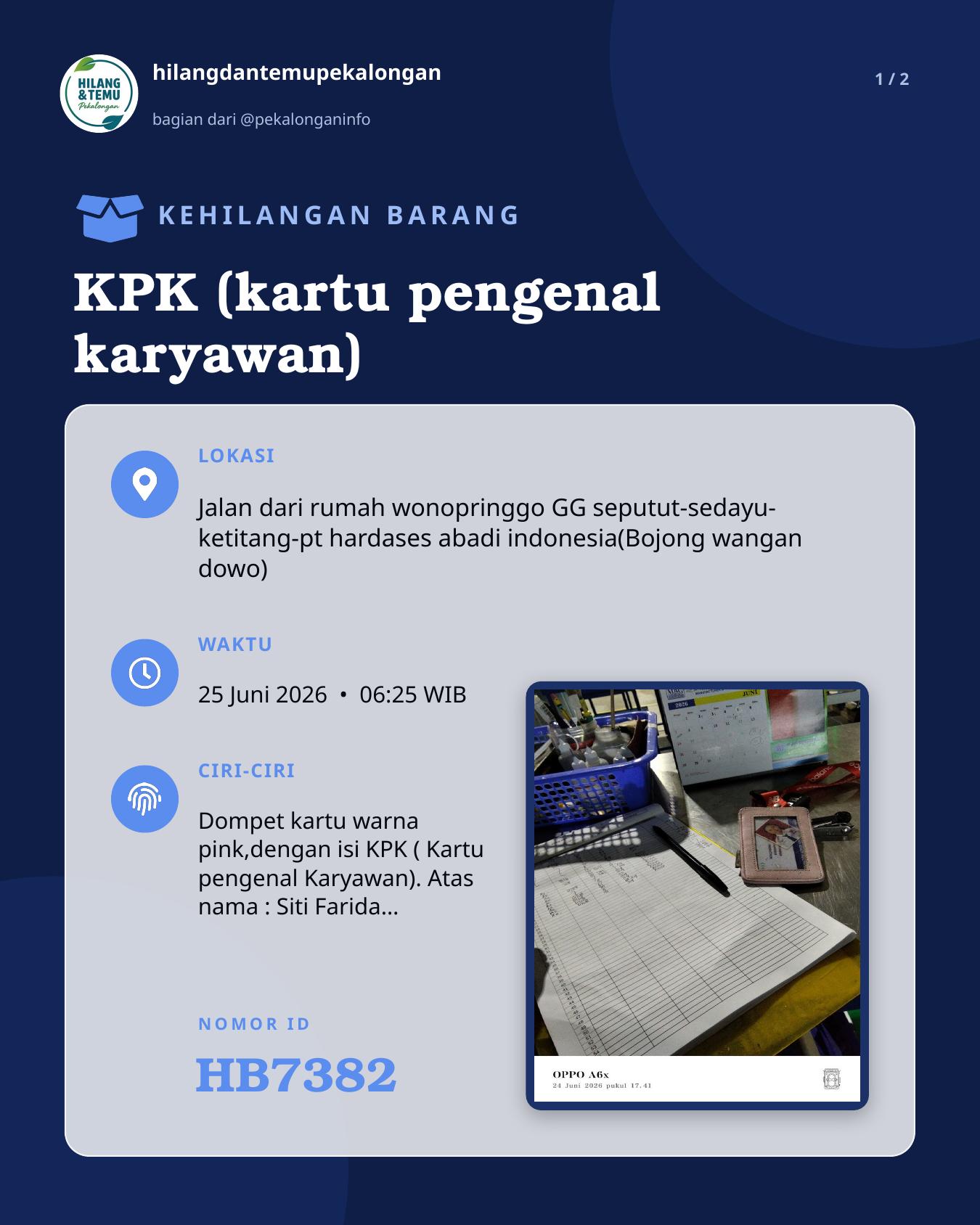 Slide laporan KPK (kartu pengenal karyawan) (HB7382)