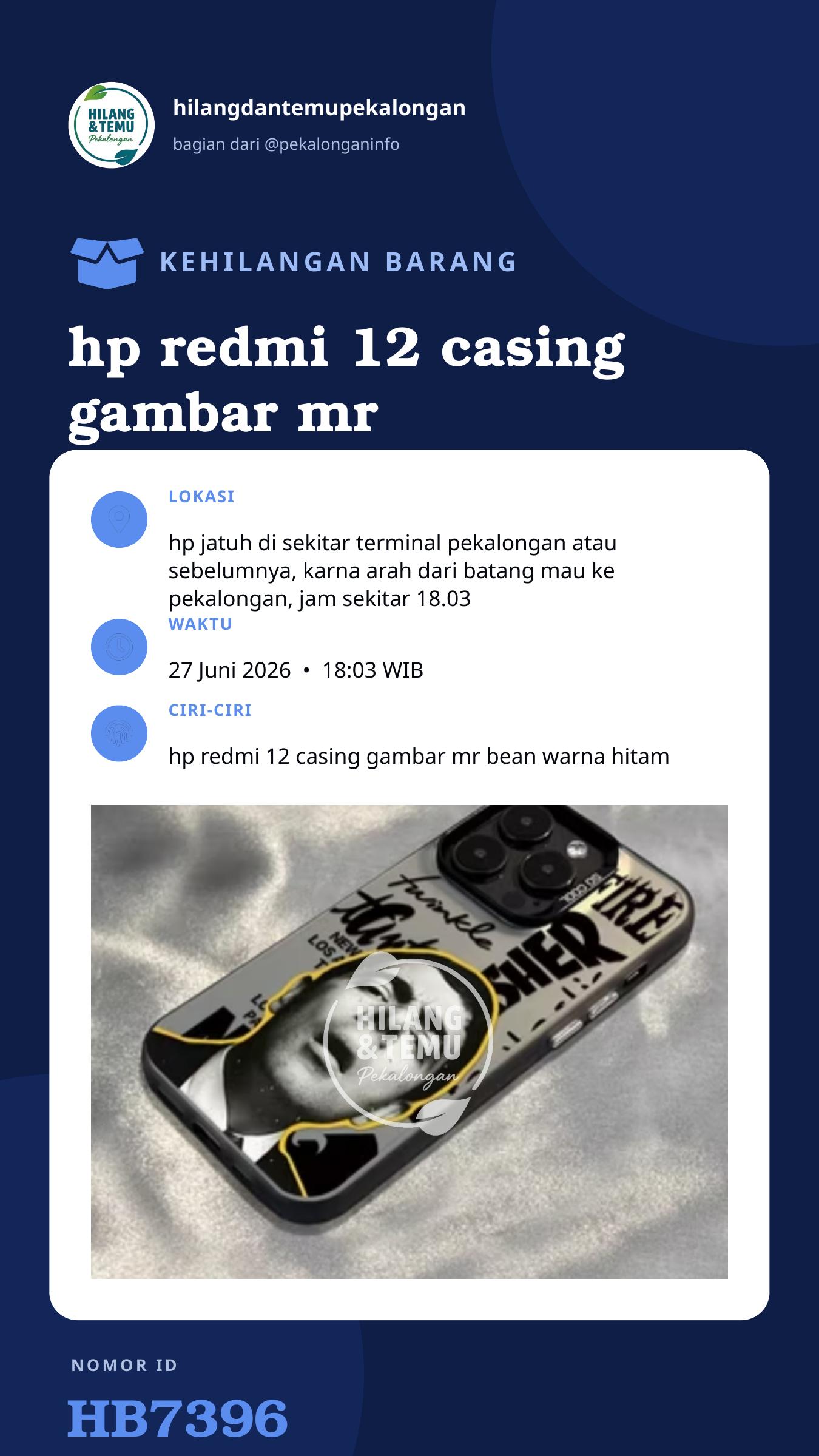 Story 9:16 laporan hp redmi 12 casing gambar mr bean warna hitam