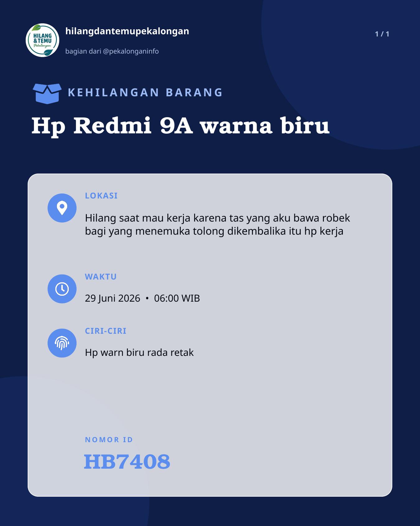 Slide laporan Hp Redmi 9A warna biru (HB7408)