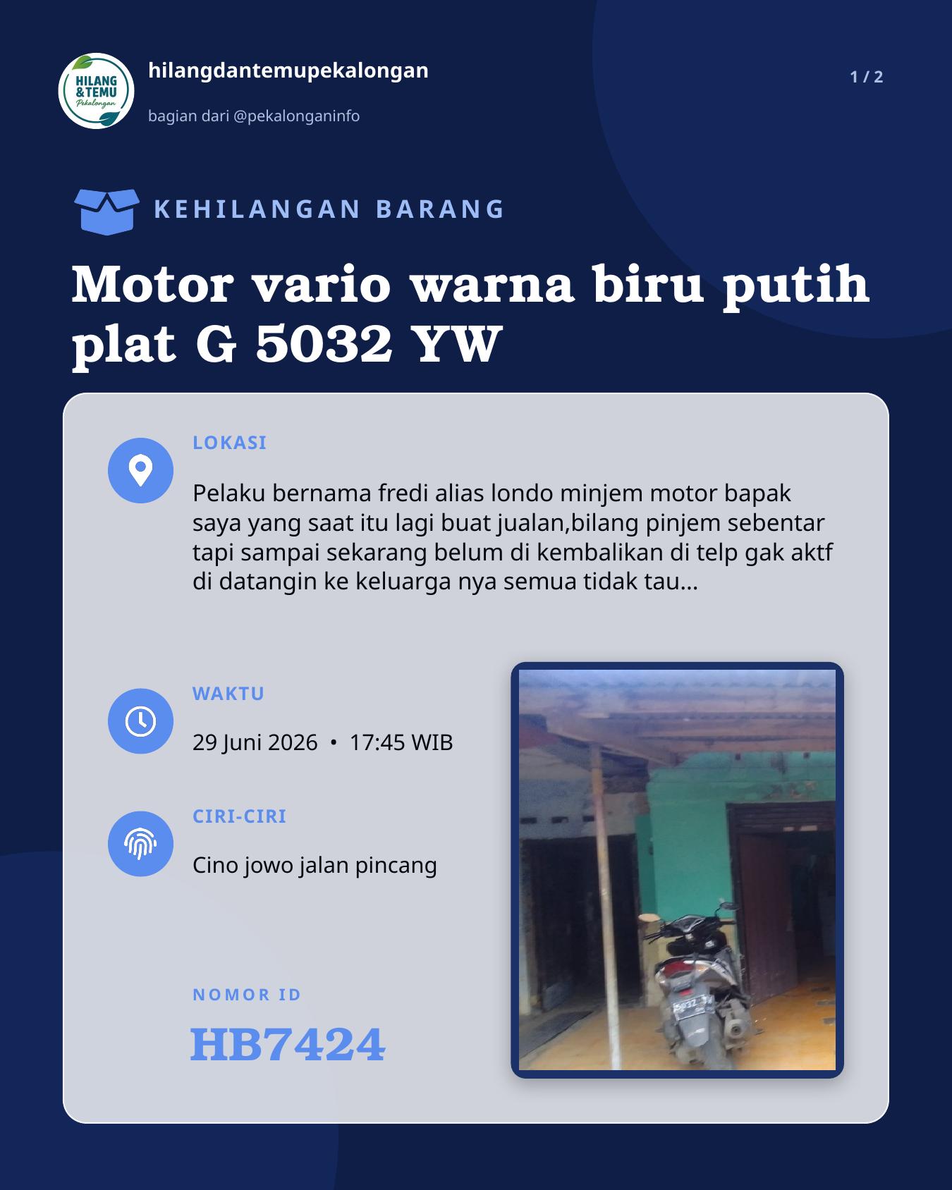 Slide laporan Motor vario warna biru putih plat G 5032 YW (HB7424)