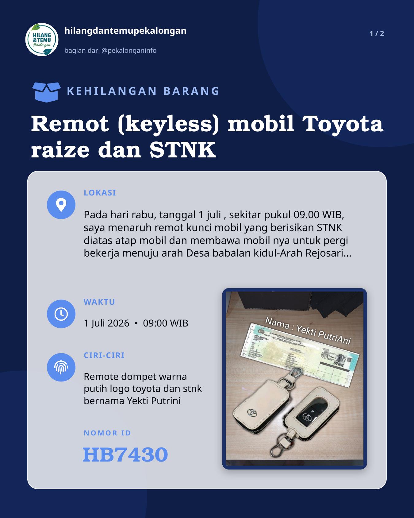 Slide laporan Remot (keyless) mobil Toyota raize dan STNK (HB7430)