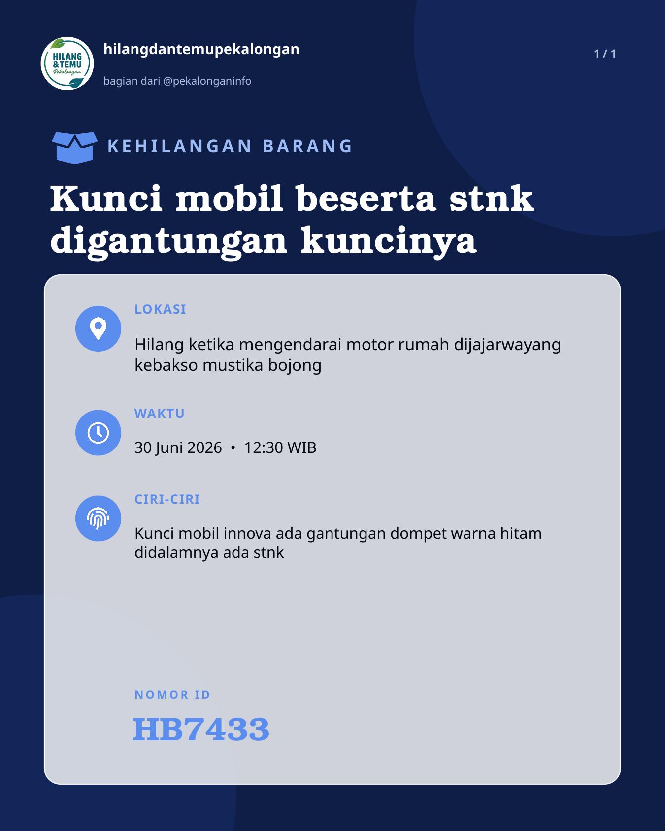 Slide laporan Kunci mobil beserta stnk digantungan kuncinya (HB7433)
