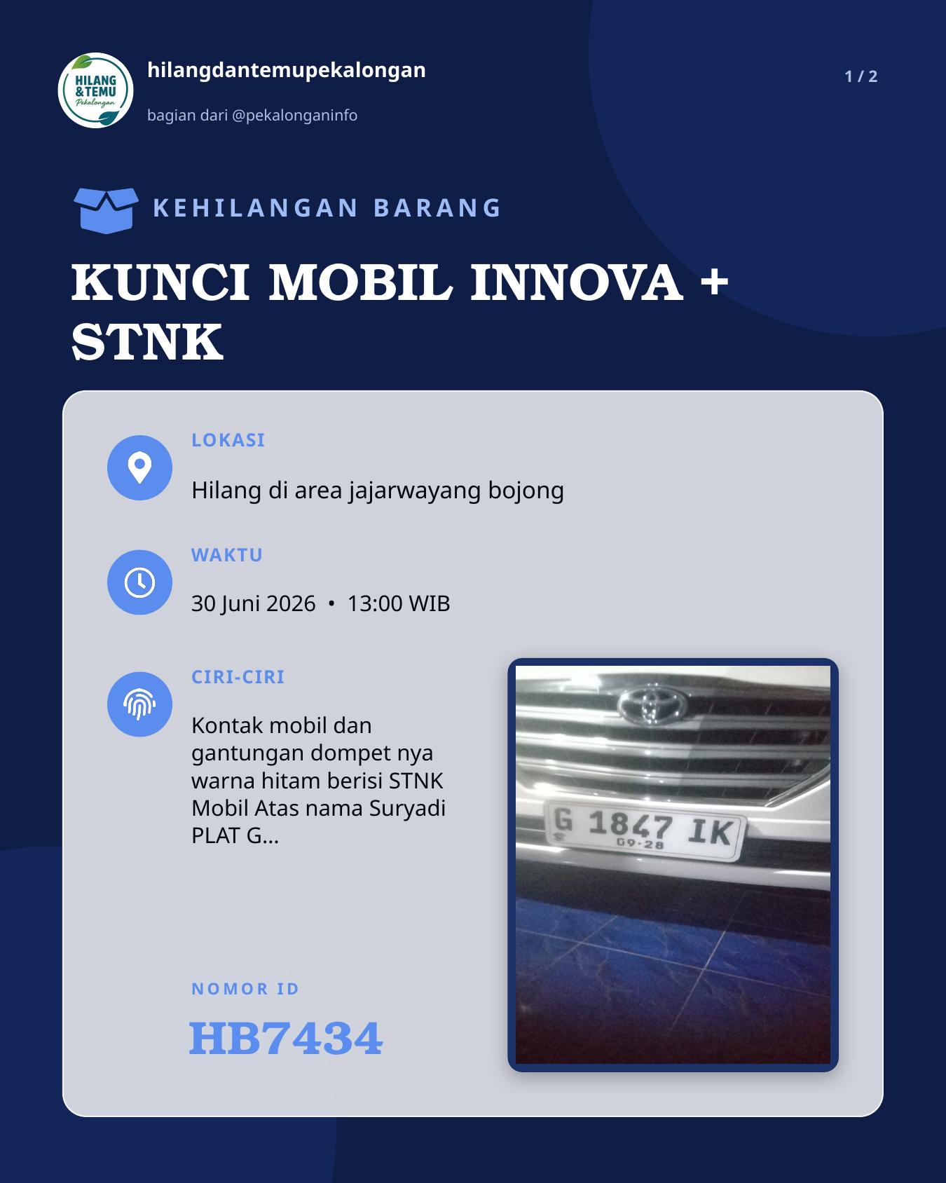 Slide laporan KUNCI MOBIL INNOVA + STNK (HB7434)